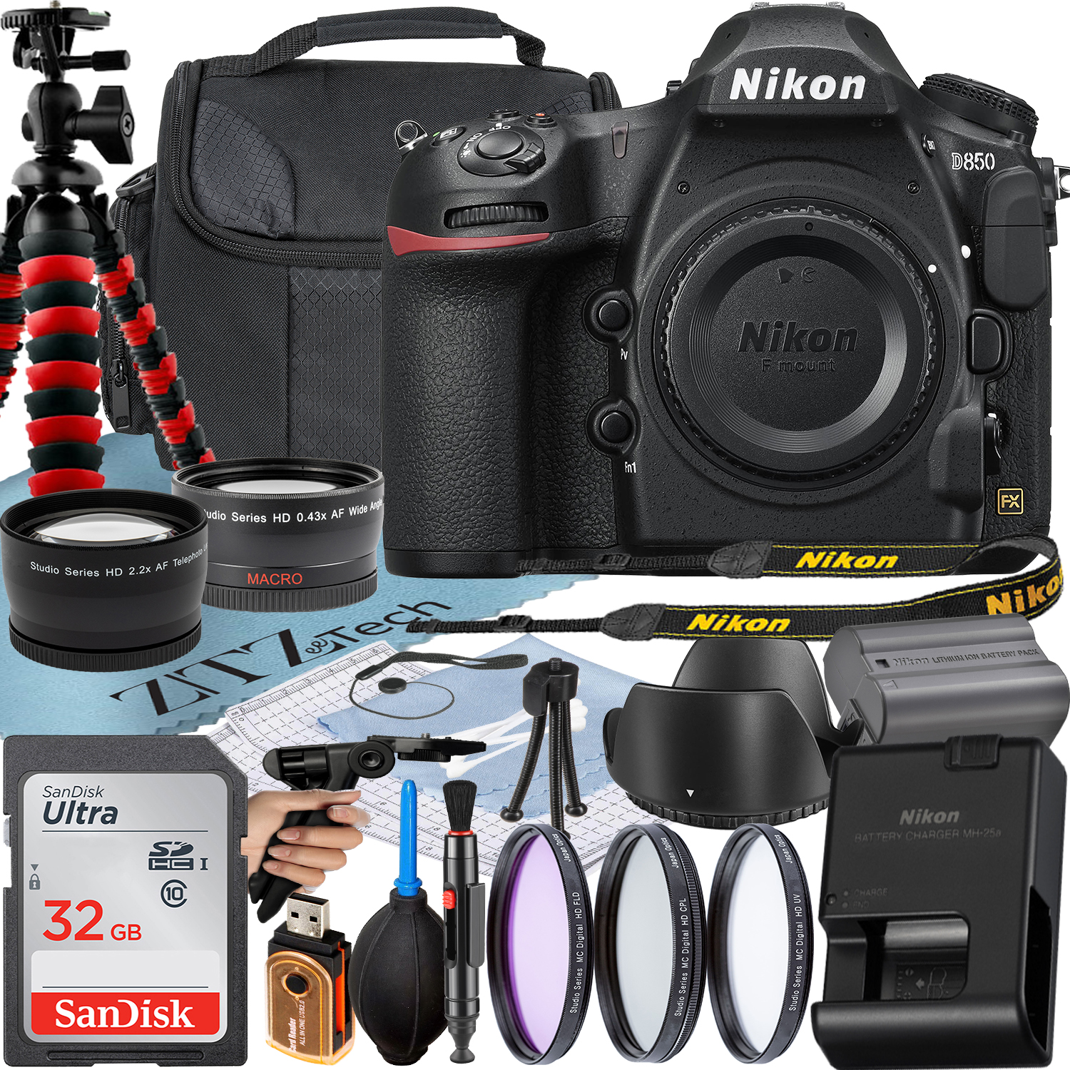 Nikon D850 DSLR Camera (Body Only) with 45.7MP FX-Format BSI CMOS Sensor + SanDisk 32GB Card + Case + 3 Pieces Filter + Flash + ZeeTech Accessory Bundle