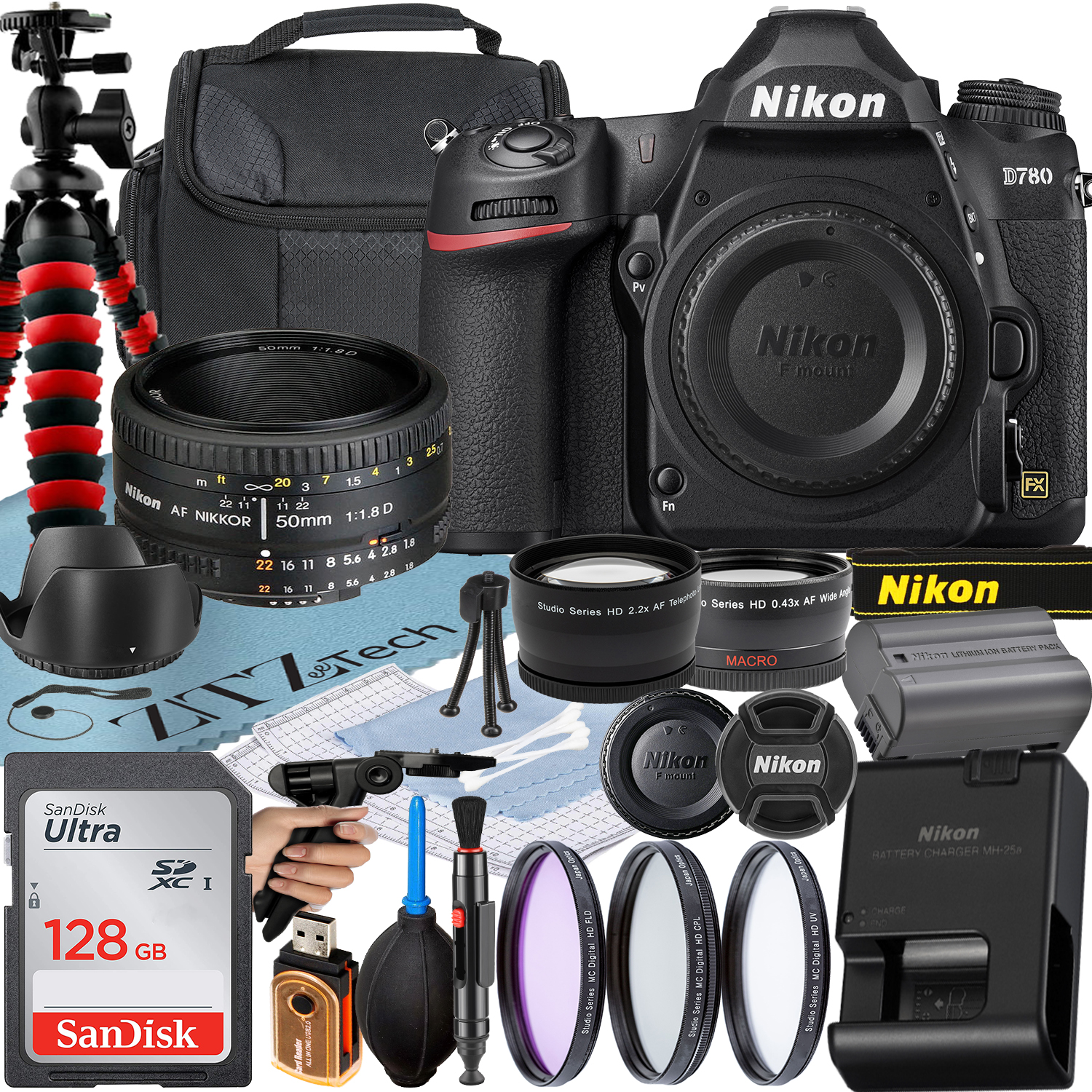 Nikon D780 DSLR Camera with AF NIKKOR 50mm f/1.8D Lens + SanDisk 128GB Card + Case + 3 Pieces Filter + Flash + ZeeTech Accessory Bundle