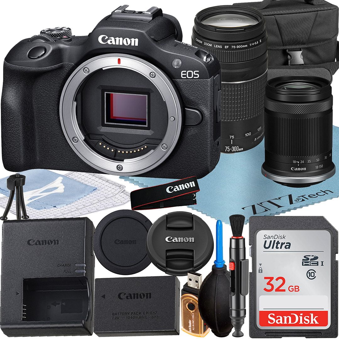 Canon EOS R100 Mirrorless Camera with RF-S 18-150mm + 75-300mm Lens + SanDisk 32GB Memory Card + Case + ZeeTech Accessory Bundle