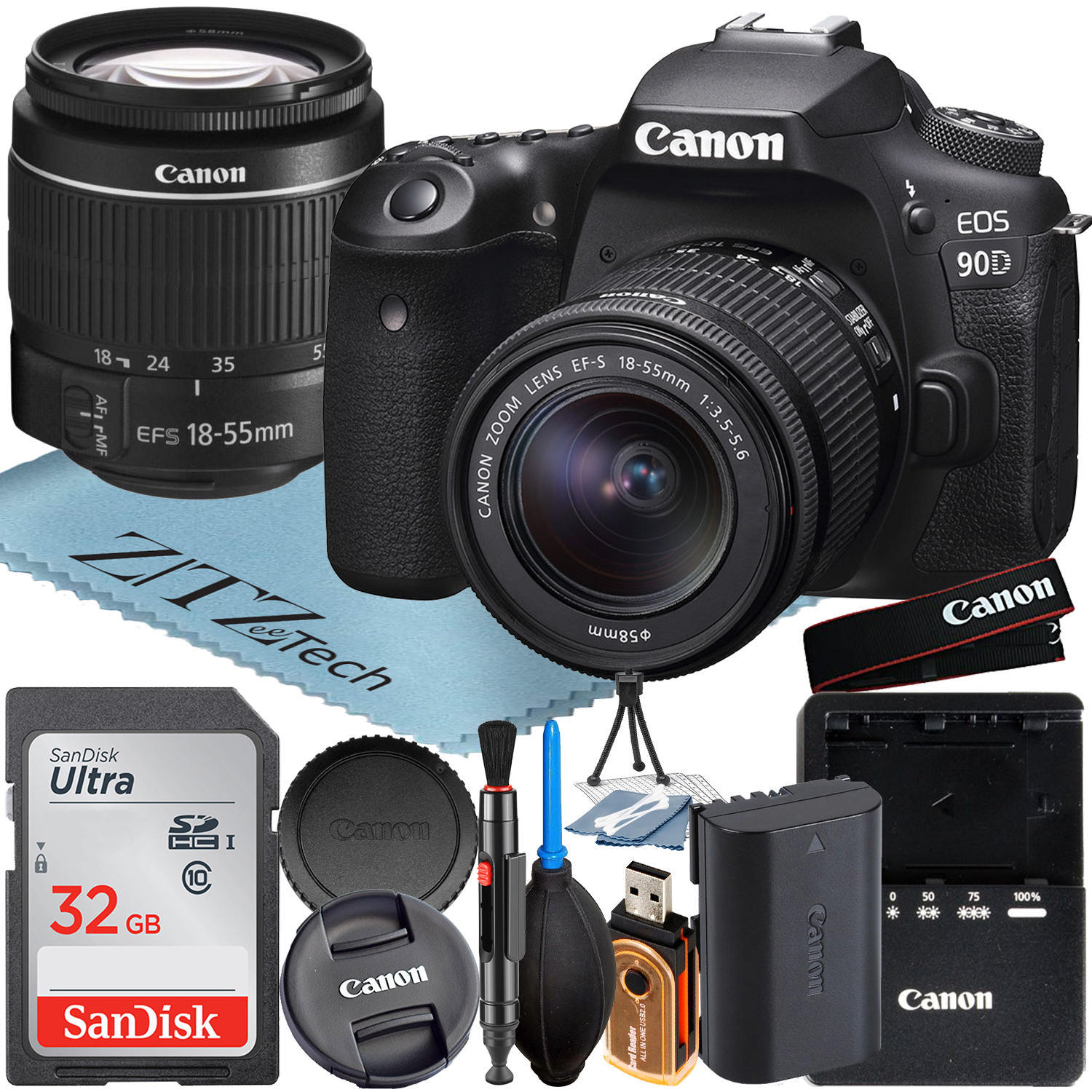 Canon EOS 90D DSLR Camera with 18-55mm Lens + SanDisk 32GB Memory Card + ZeeTech Accessory Bundle