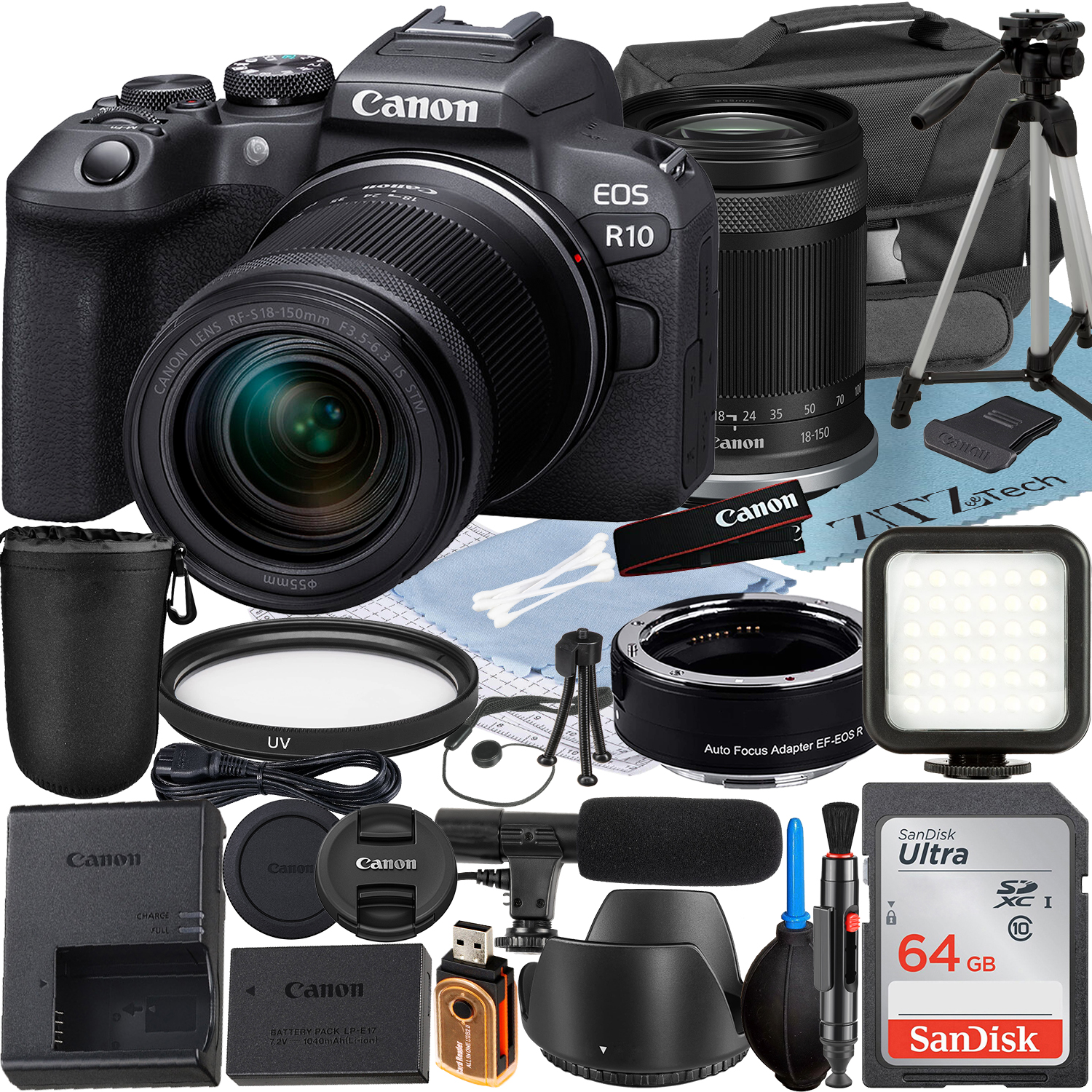 Canon EOS R10 Mirrorless Camera with RF-S 18-150mm Lens + Mount Adapter + SanDisk 64GB Memory Card + Case + LED Flash + ZeeTech Accessory Bundle