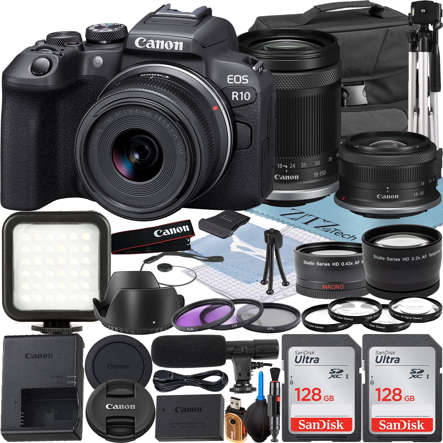 Canon EOS R10 Mirrorless Camera with RF-S 18-45mm + 18-150mm Lens + 2 Pack SanDisk 128GB Memory Card + Case + ZeeTech Accessory