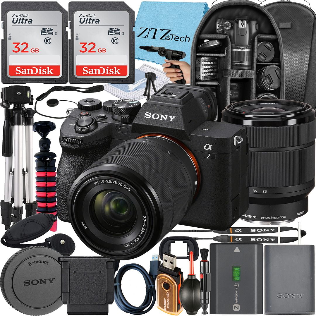 Sony a7 IV Mirrorless Camera + Sony FE 28-70mm + Tripod + 2 Pack 32GB Memory Card + Backpack + ZeeTech Accessory Bundle