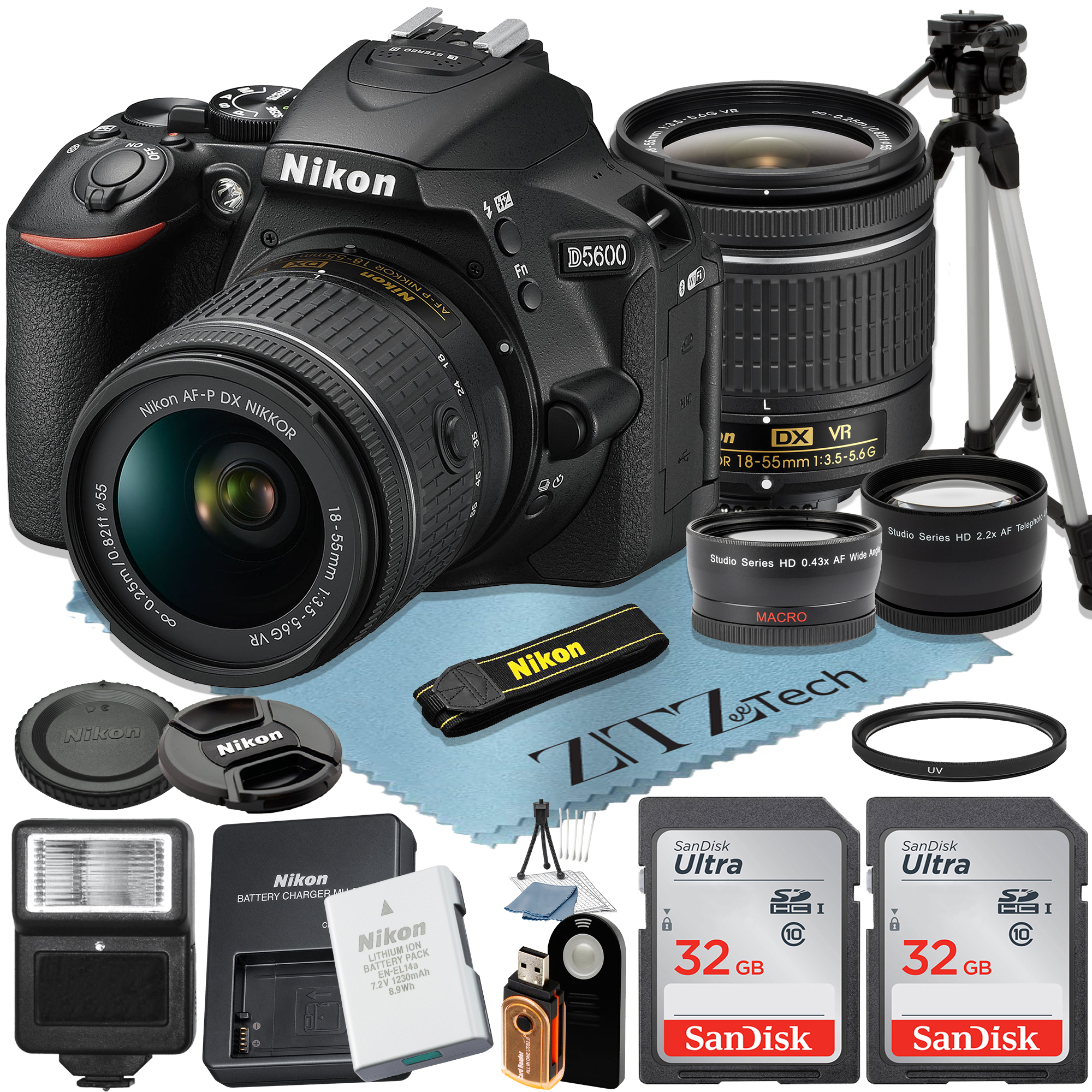 Nikon D5600 DSLR Camera 24.2MP with 18-55mm Lens + 2 Pcs SanDisk 32GB Memory Card + Tripod + Flash + ZeeTech Accessory Bundle