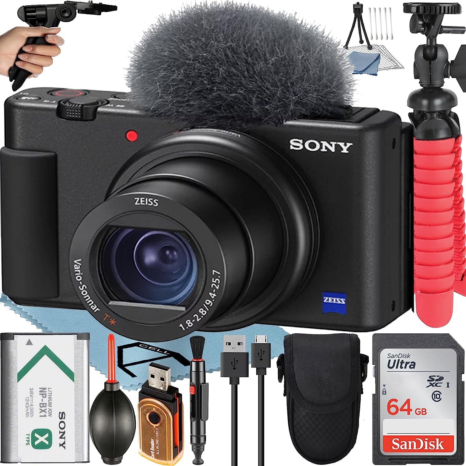 Sony ZV-1 Compact Digital Camera For Content Creators 4K HDR Video with Wind Screen + 64GB Memory Card + Case + Tripod + ZeeTech Accessory Bundle (Black)