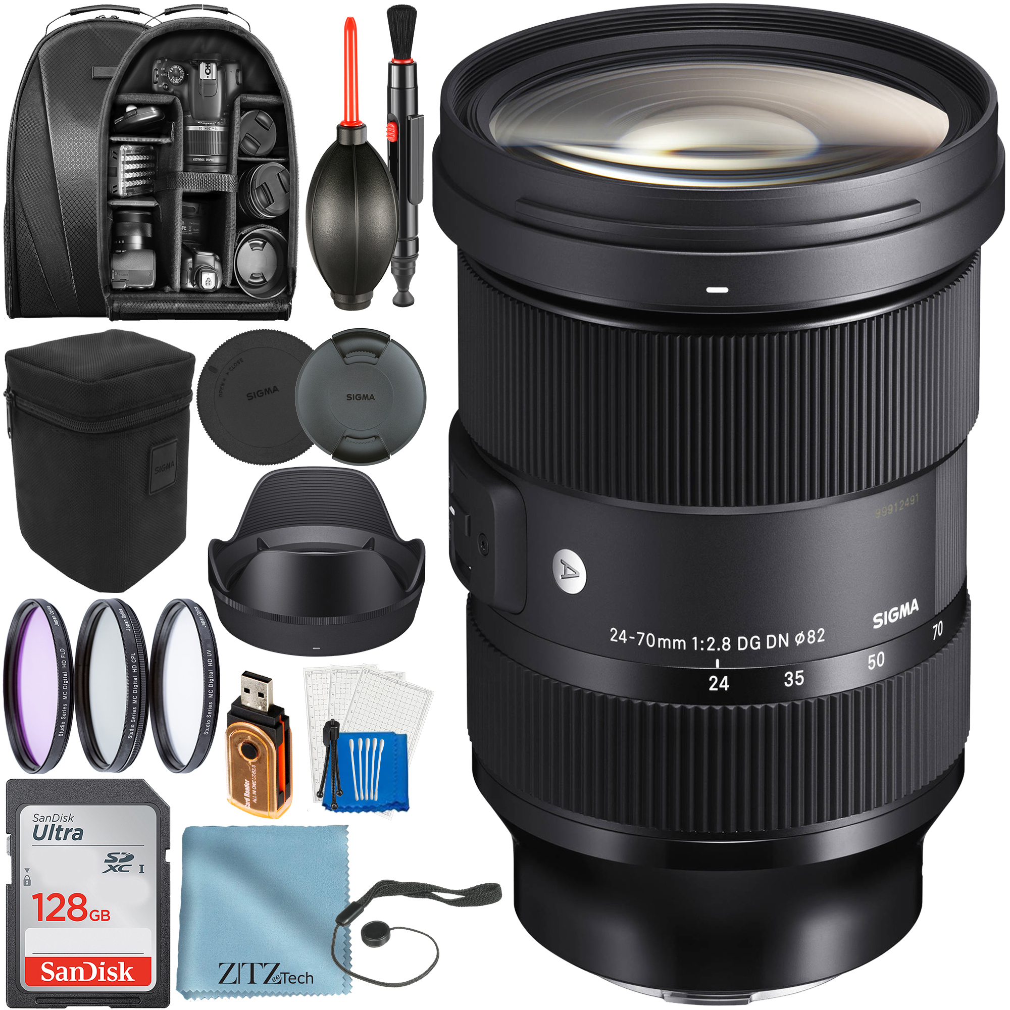 Sigma 24-70mm F/2.8 DG DN Art Lens Sony E-Mount with 128GB SanDisk Card + Backpack + Filter + ZeeTech Accessory Bundle