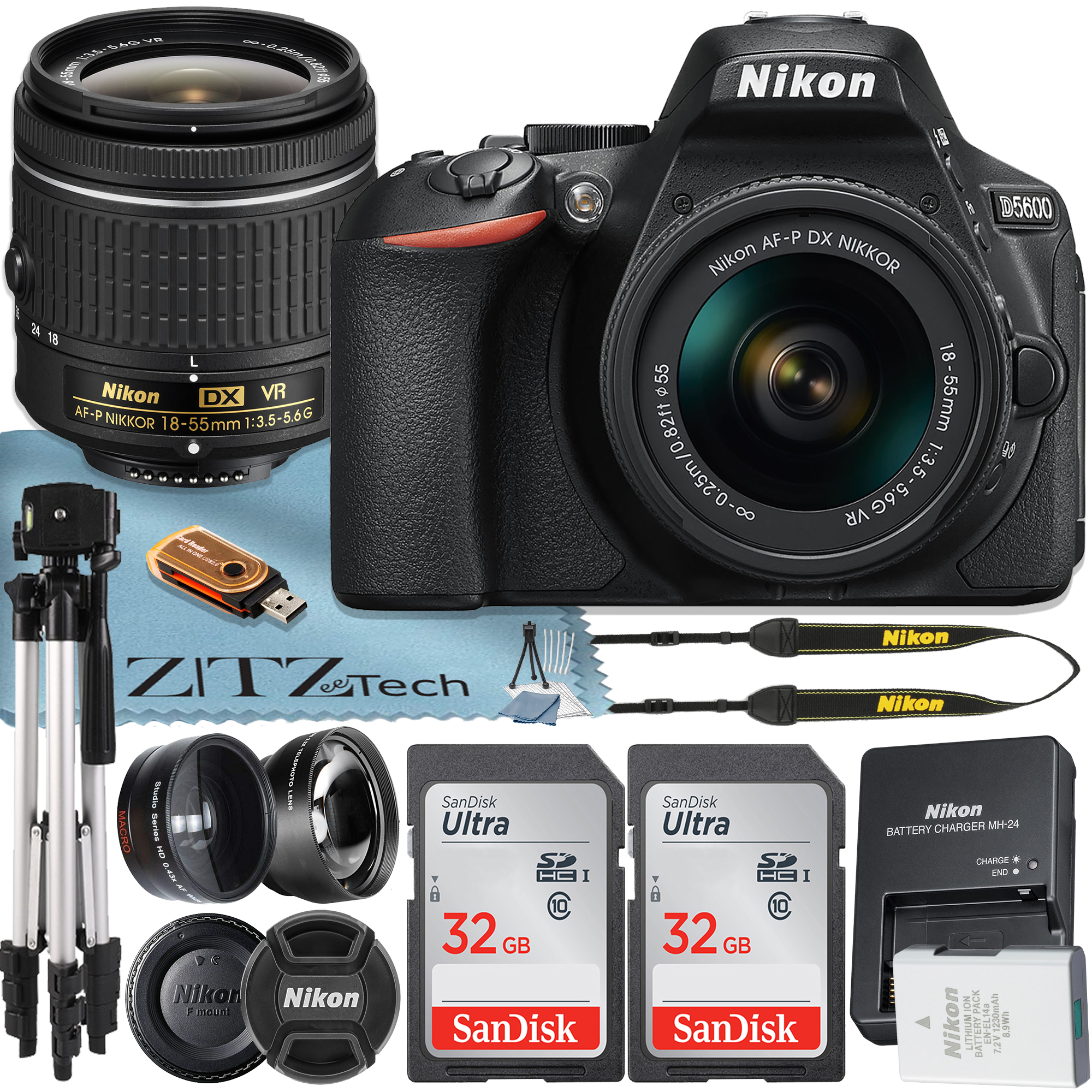 Nikon D5600 DSLR Camera 24.2MP DX-Format Full HD 1080p with 18-55mm Lens + 2 Pcs SanDisk 32GB Memory Card + Tripod + ZeeTech Accessory Bundle