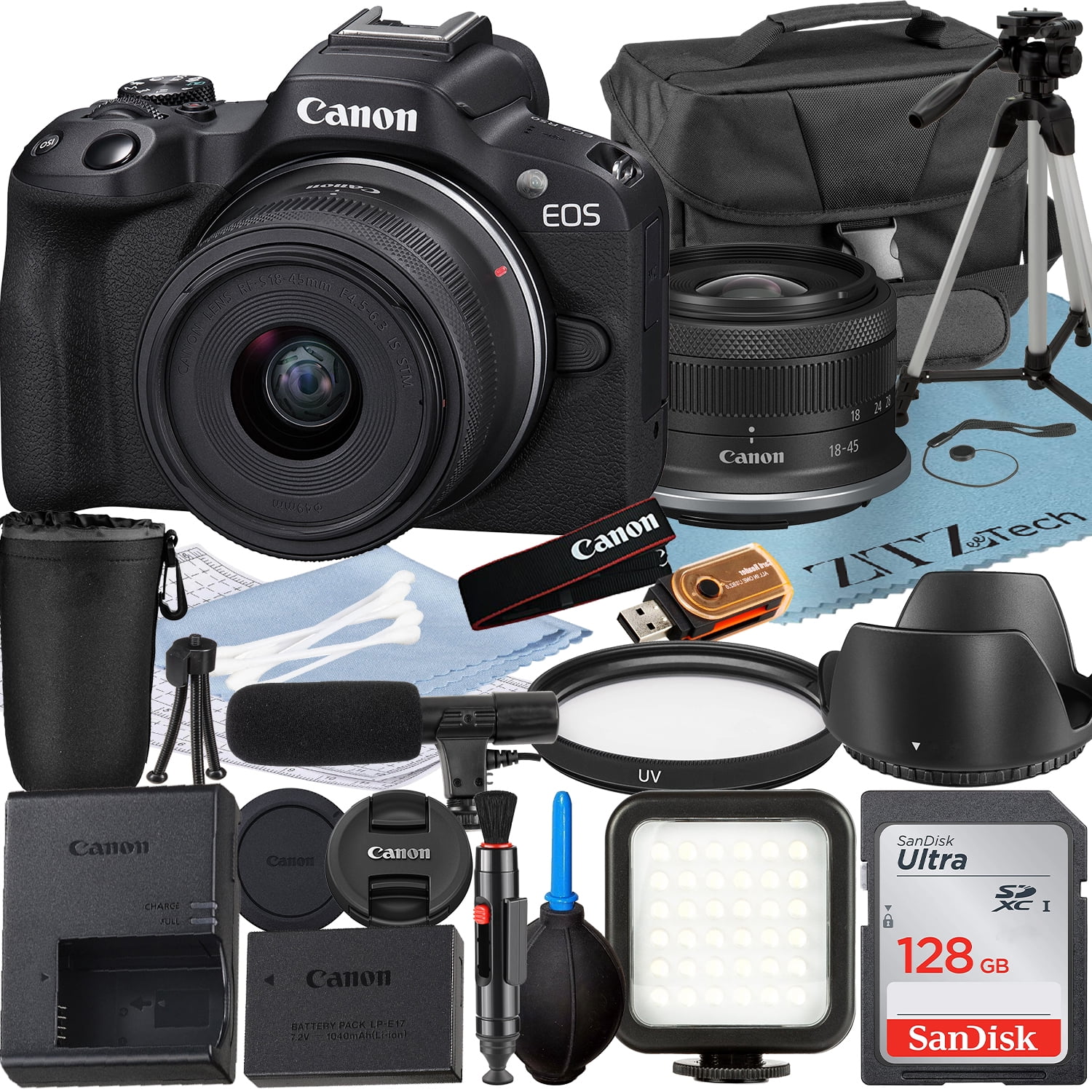 Canon EOS R50 Mirrorless Camera with RF-S 18-45mm Lens + SanDisk 128GB Memory Card + Case + LED Flash + ZeeTech Accessory Bundle