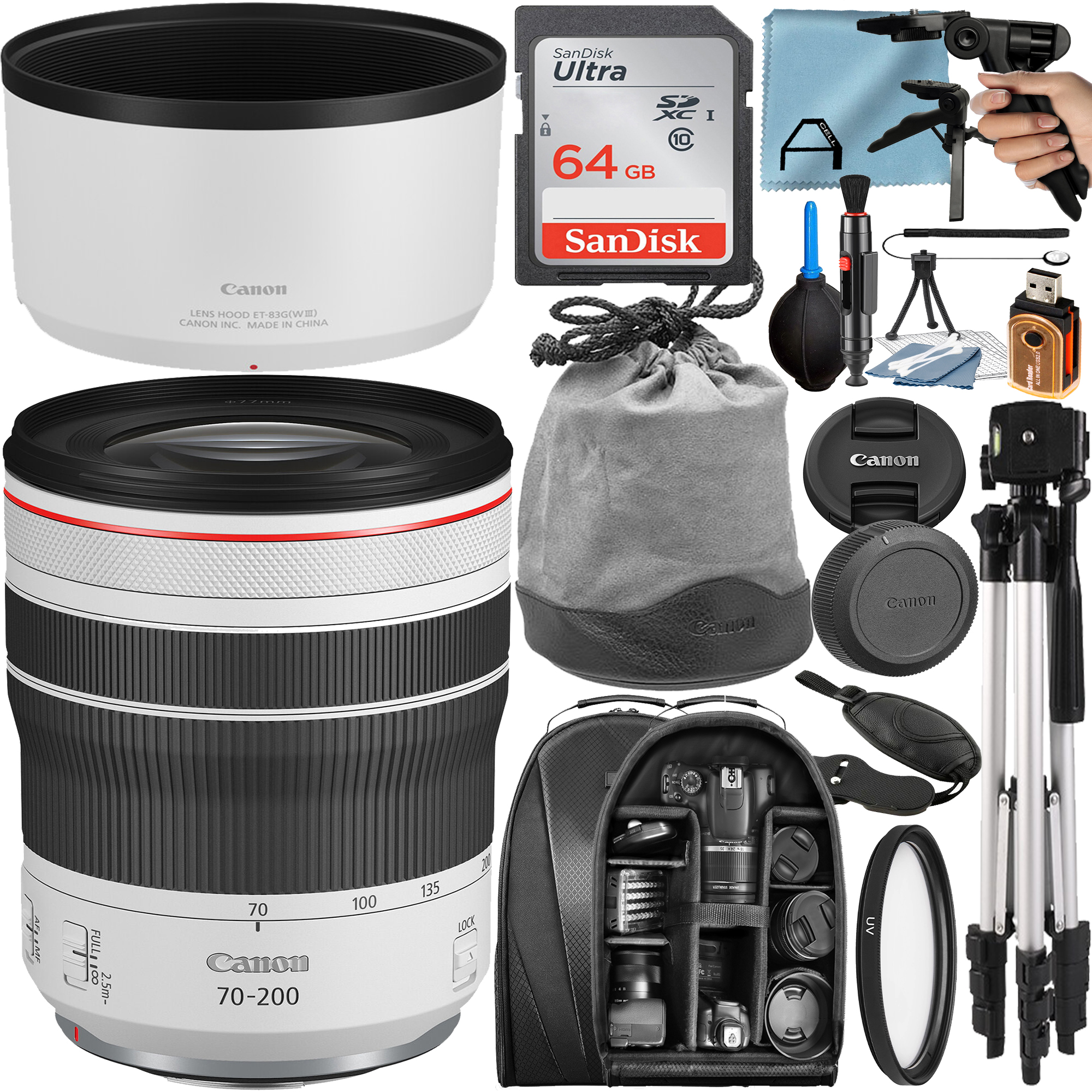 Canon RF 70-200mm F/4L IS USM Telephoto Zoom Lens with 64GB SanDisk Memory Card + Tripod + Backpack + A-Cell Accessory Bundle