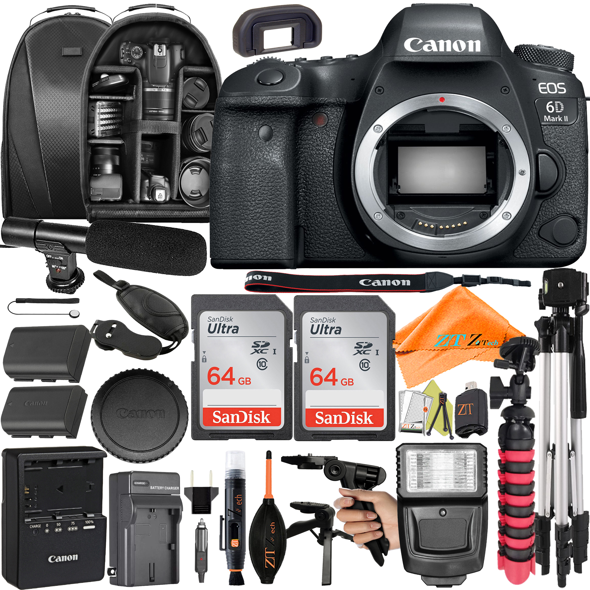 Canon EOS 6D Mark II DSLR Camera (Body Only) with SanDisk 64GB + Backpack Case + Microphone + ZeeTech Accessory Bundle