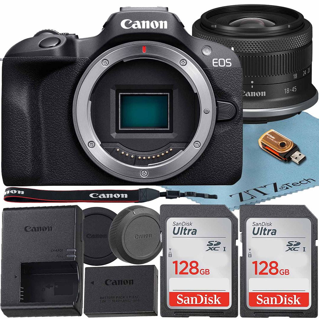 Canon EOS R100 Mirrorless Camera with RF-S 18-45mm f/4.5-6.3 IS STM Lens + 2 Pack SanDisk 128GB Memory Card + ZeeTech Accessory Bundle