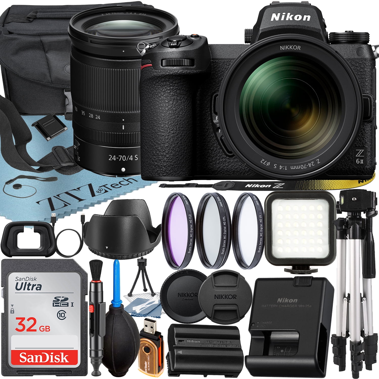 Nikon Z6 II Mirrorless Camera with NIKKOR Z 24-70mm f/4 S Lens + SanDisk 32GB Card + Case + 3 Pieces Filter + Flash + ZeeTech Accessory Bundle