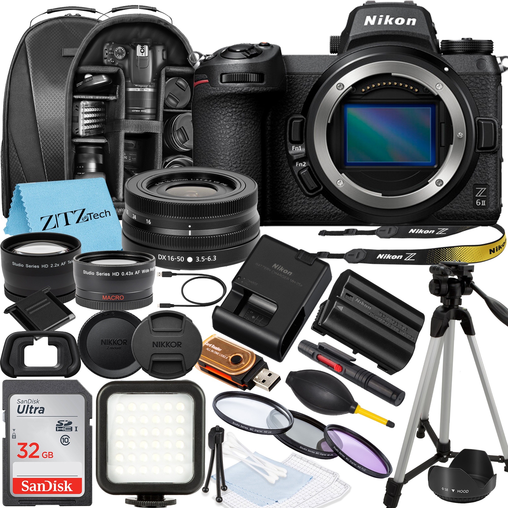 Nikon Z6 II Mirrorless Camera with NIKKOR Z DX 16-50mm VR Zoom Lens, SanDisk 32GB Memory Card, Backpack, Flash, Tripod and ZeeTech Accessory Bundle