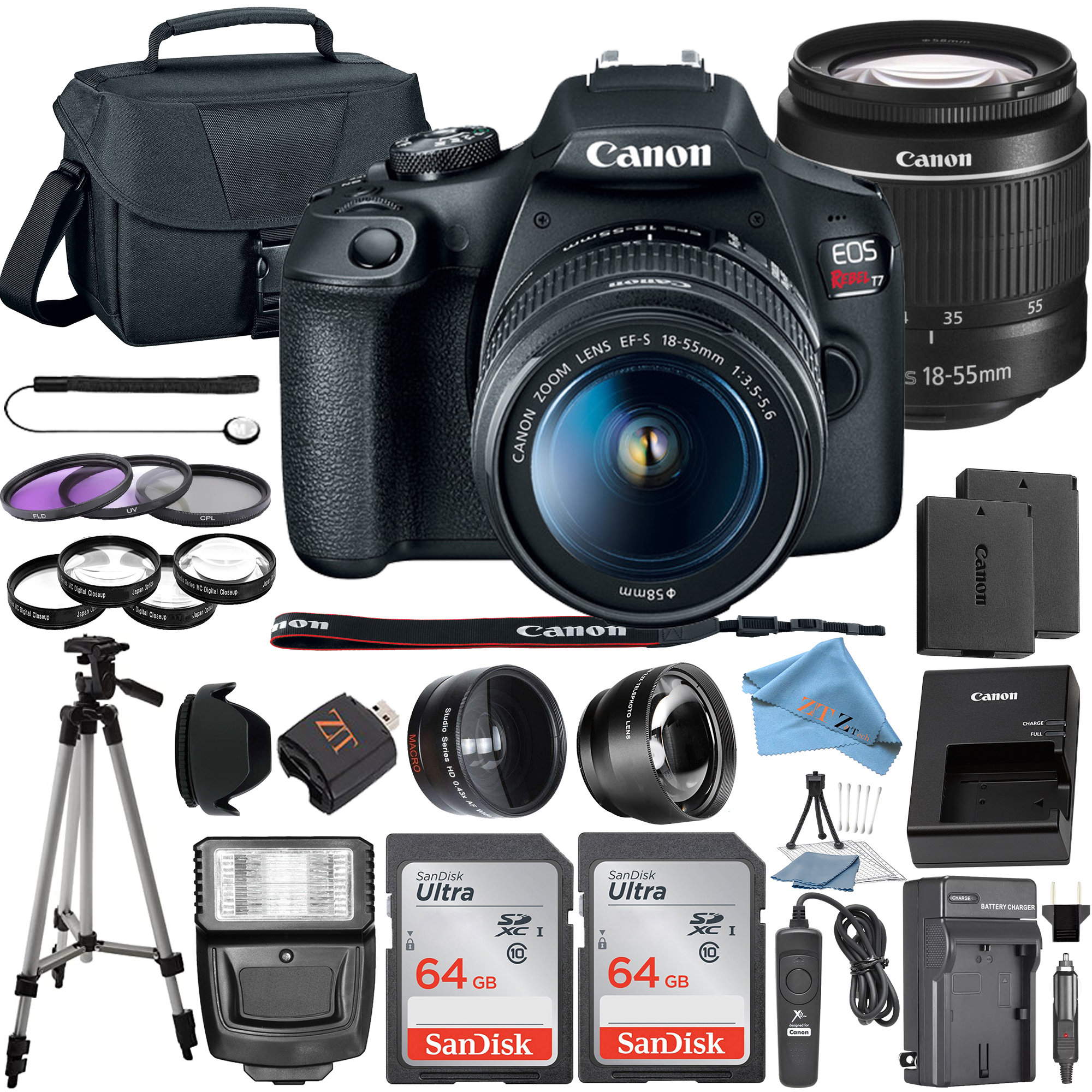Canon EOS Rebel T7 DSLR Camera with 18-55mm Lens + 2 Pcs SanDisk 64GB Memory + Tripod + Case + ZeeTech Kit
