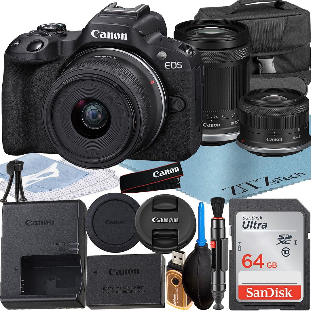 Canon EOS R50 Mirrorless Camera with RF-S 18-45mm + 18-150mm Lens + SanDisk 64GB Memory Card + Case + ZeeTech Accessory Bundle