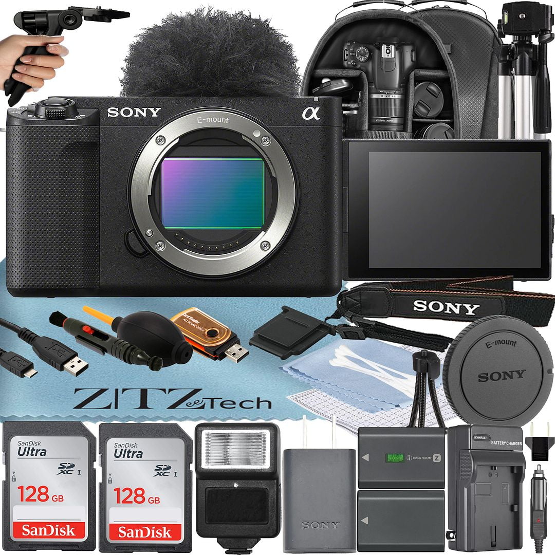 Sony ZV-E1 Mirrorless Camera Black (Body Only) with 2 Pack SanDisk 128GB Memory Card + Backpack + Flash + Tripod + ZeeTech Accessory Bundle