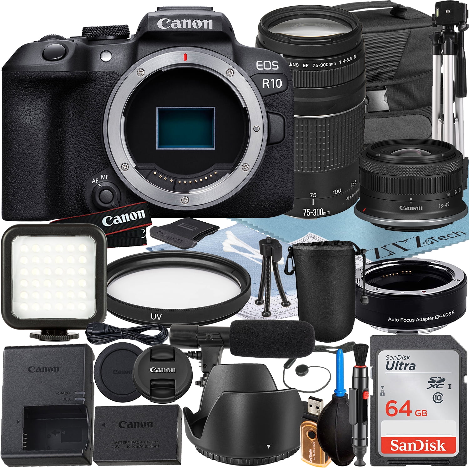 Canon EOS R10 Mirrorless Camera with RF-S 18-45mm + EF 75-300mm Lens + Mount Adapter + SanDisk 64GB Memory Card + Case + LED Flash + ZeeTech Accessory Bundle