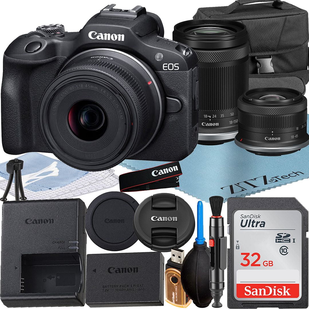 Canon EOS R100 Mirrorless Camera with RF-S 18-45mm + 18-150mm Lens + SanDisk 32GB Memory Card + Case + ZeeTech Accessory Bundle