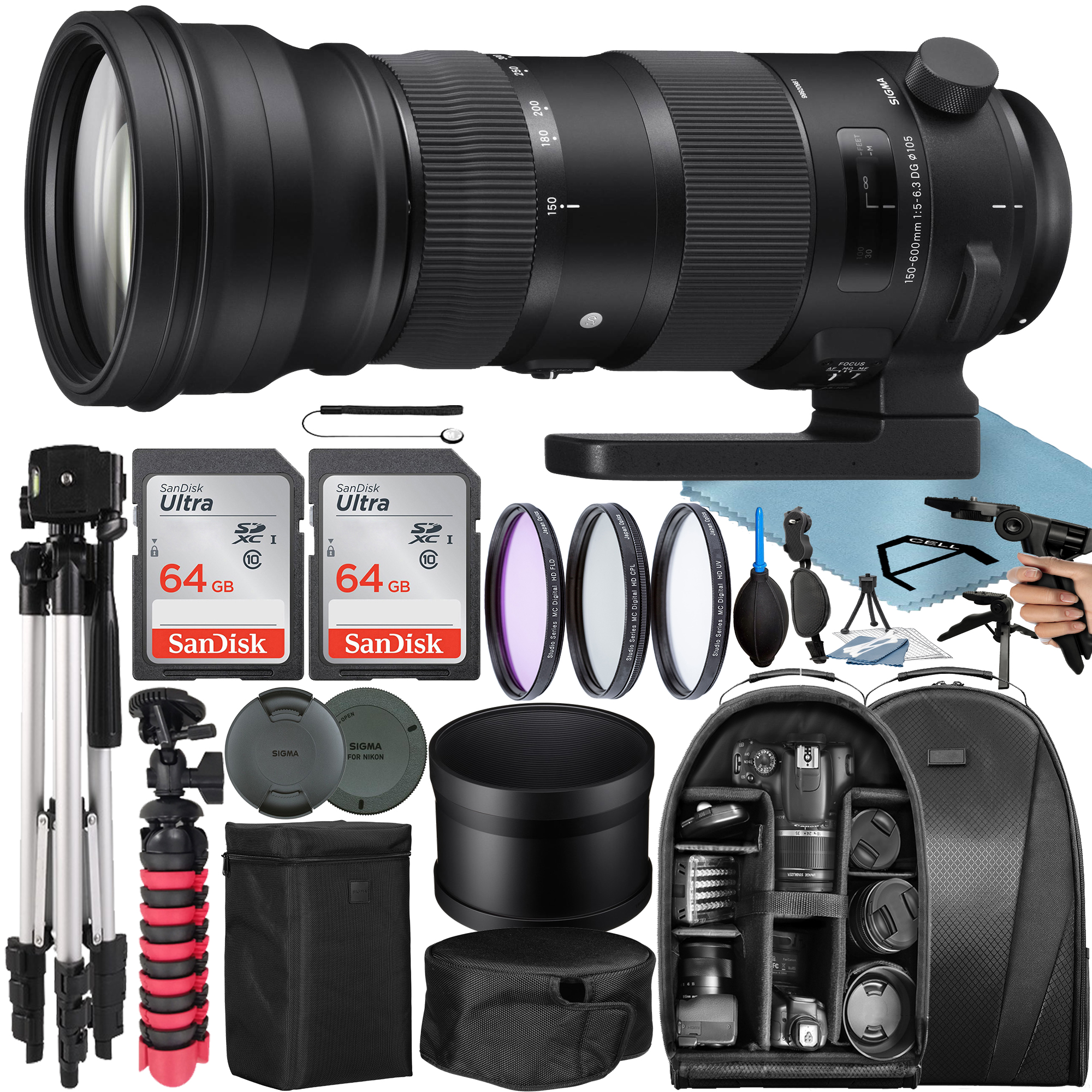 Sigma 150-600mm f/5-6.3 DG OS HSM Sports Lens for Nikon F with 2 Pack 64GB SanDisk Memory Card + Tripod + Backpack + A-Cell Accessory Bundle