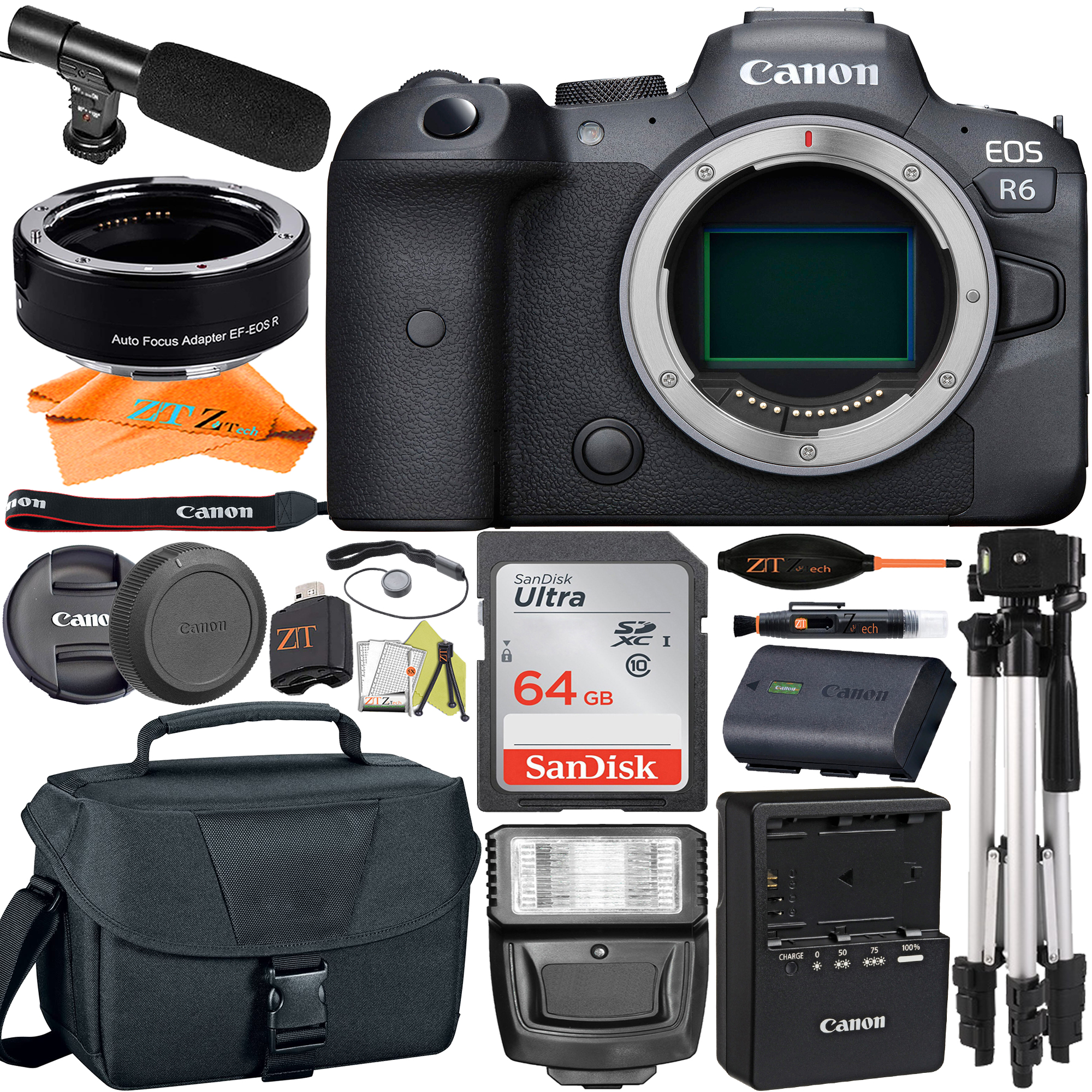 Canon EOS R6 Mirrorless Digital Camera (Body Only) with Mount Adapter + SanDisk 64GB Memory Card + Case + ZeeTech Accessory Bundle
