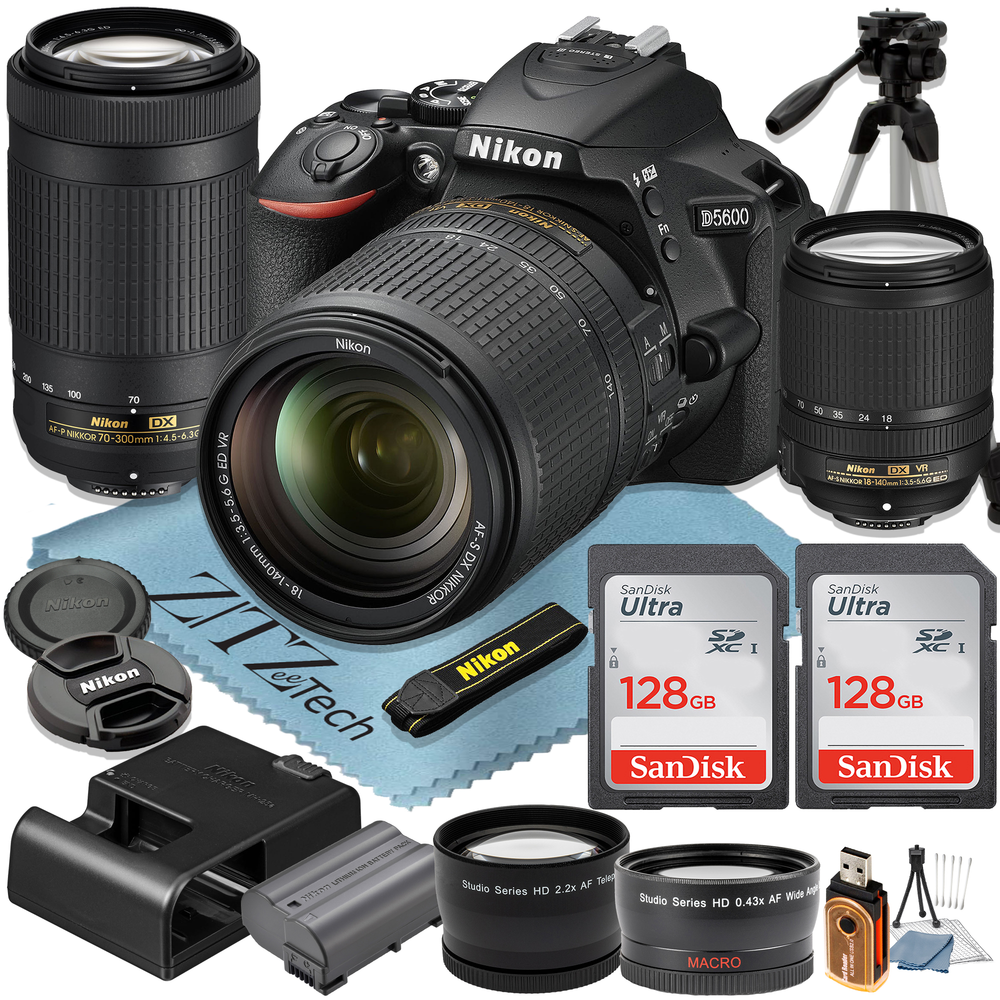 Nikon D5600 DSLR Camera with 18-140mm + 70-300mm Lens + 2 Pcs SanDisk 128GB Memory Cards + Tripod + ZeeTech Accessory Bundle