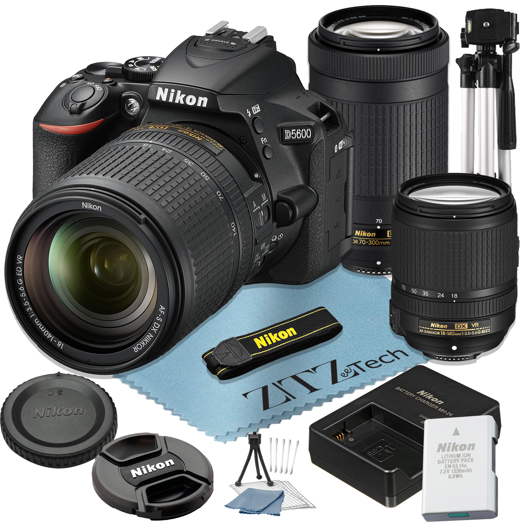 Nikon D5600 DSLR Camera 24.2MP DX-Format CMOS Sensor with 18-140mm + 70-300mm Lens + Tripod + ZeeTech Accessory Bundle