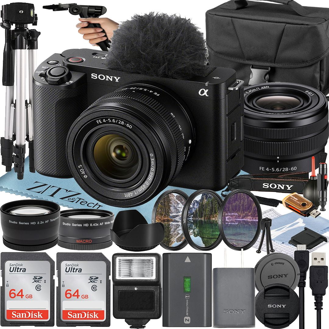 Sony ZV-E1 Mirrorless Camera (Black) with FE 28-60mm Lens + 2 Pack SanDisk 64GB Card + Case + Tripod + Flash + ZeeTech Accessory Bundle