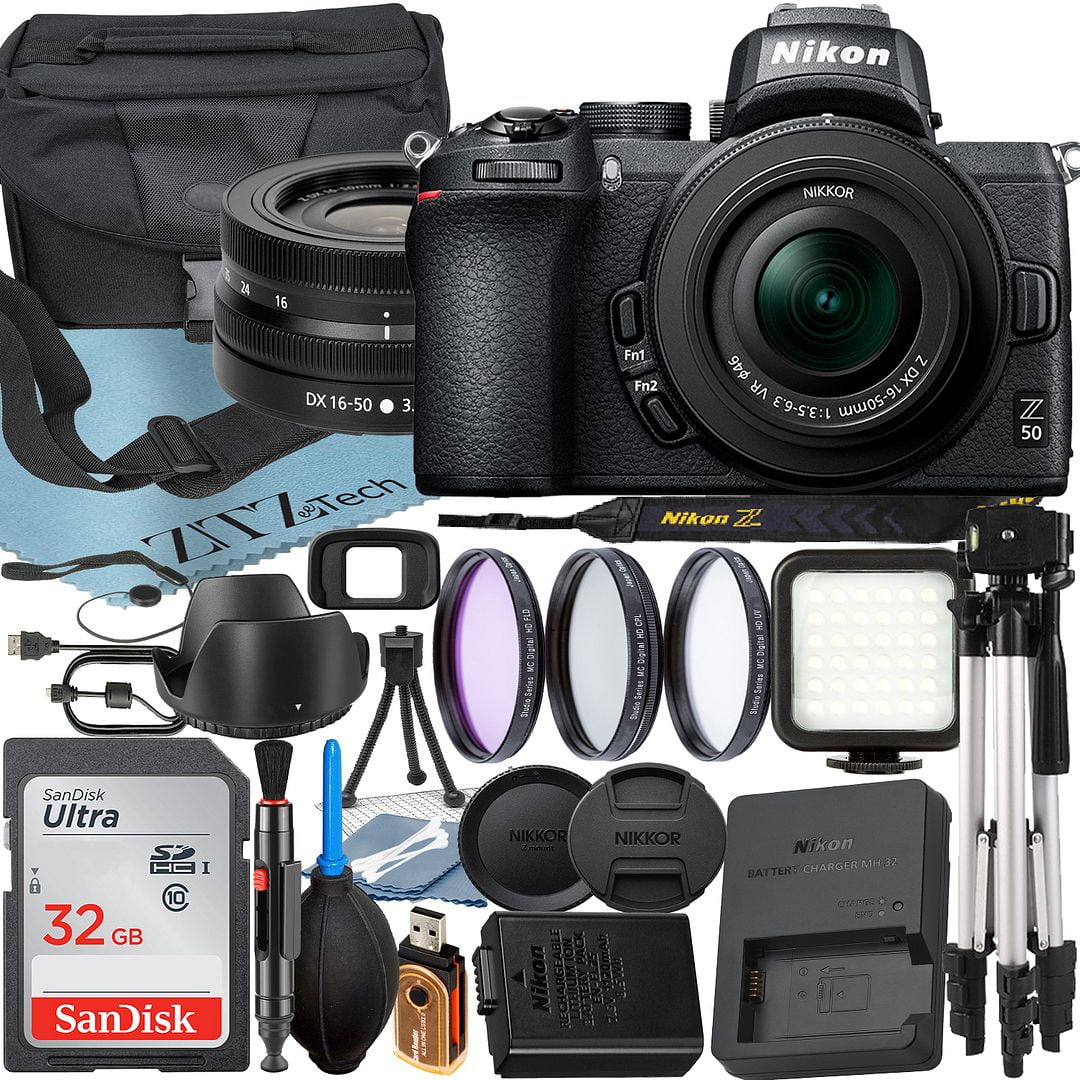 Nikon Z50 Mirrorless Camera with NIKKOR Z DX 16-50mm VR Zoom Lens + SanDisk 32GB Card + Case + 3 Pieces Filter + Flash + ZeeTech Accessory Bundle