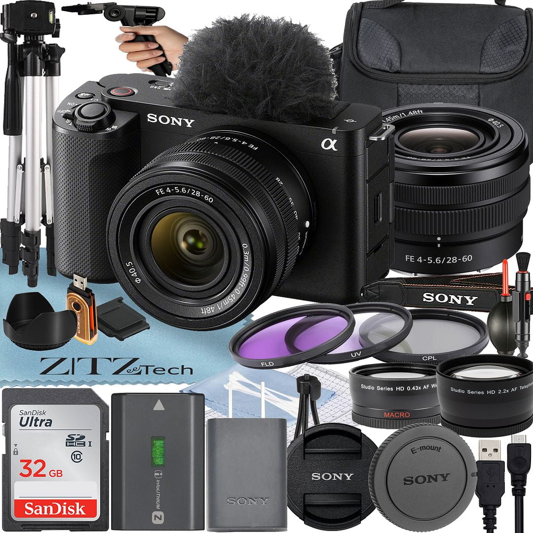 Sony ZV-E1 Mirrorless Camera (Black) with FE 28-60mm Lens + SanDisk 32GB Card + Case + Wideangle + Tripod + ZeeTech Accessory Bundle