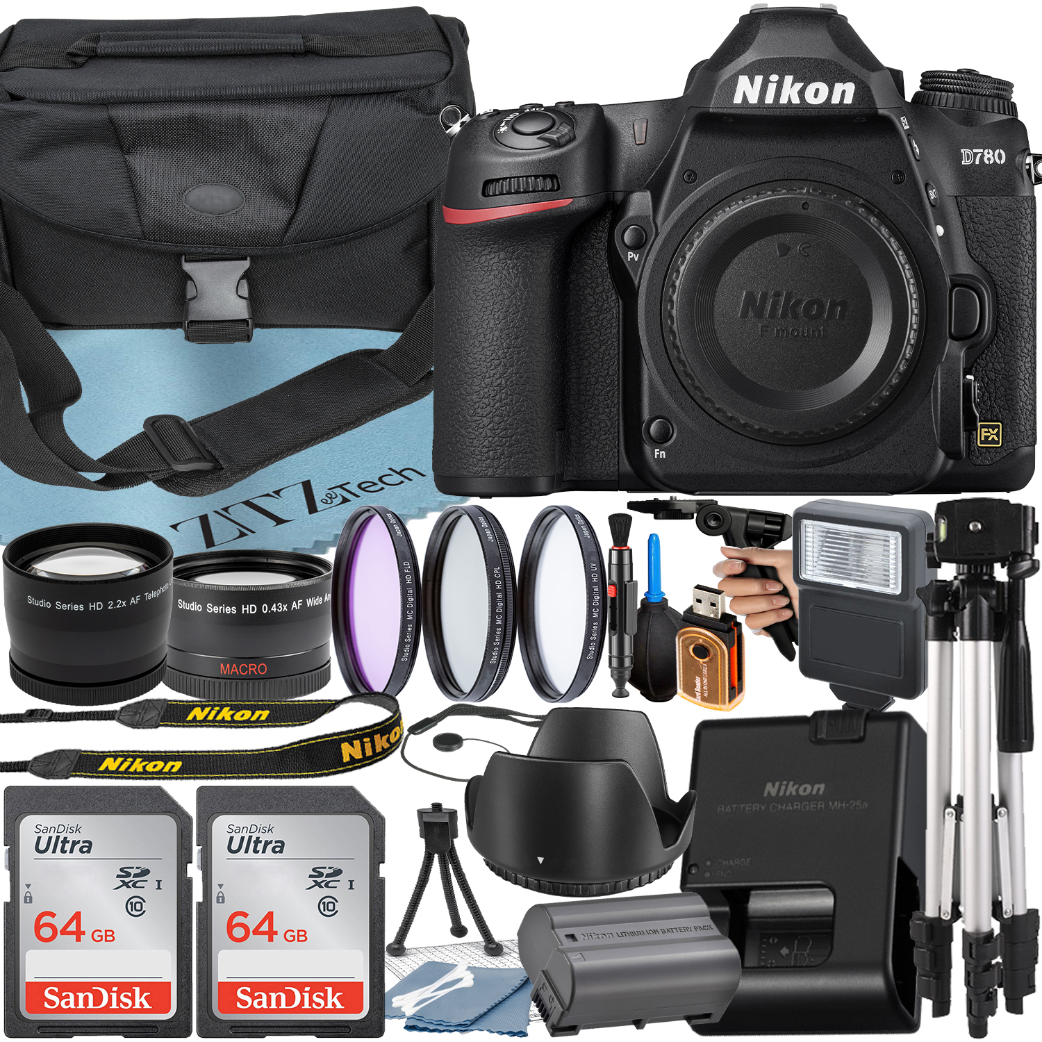 Nikon D780 DSLR Camera (Body Only) with 24.5MP CMOS Sensor + SanDisk 64GB Card + Case + Wideangle + Tripod + ZeeTech Accessory Bundle