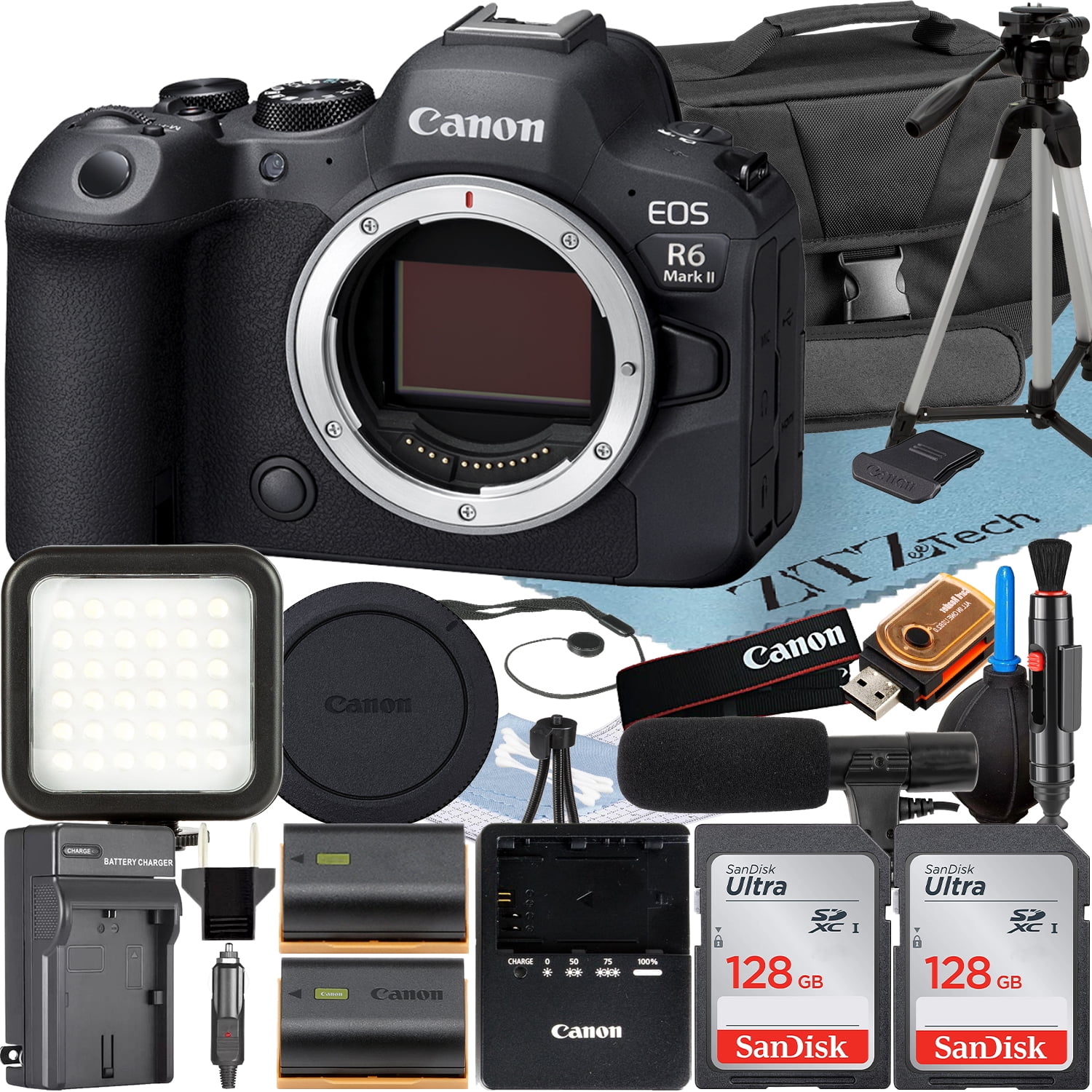 Canon EOS R6 Mark II Mirrorless Camera (Body) with 2 Pack SanDisk 128GB Memory Card + Case + ZeeTech Accessory Bundle