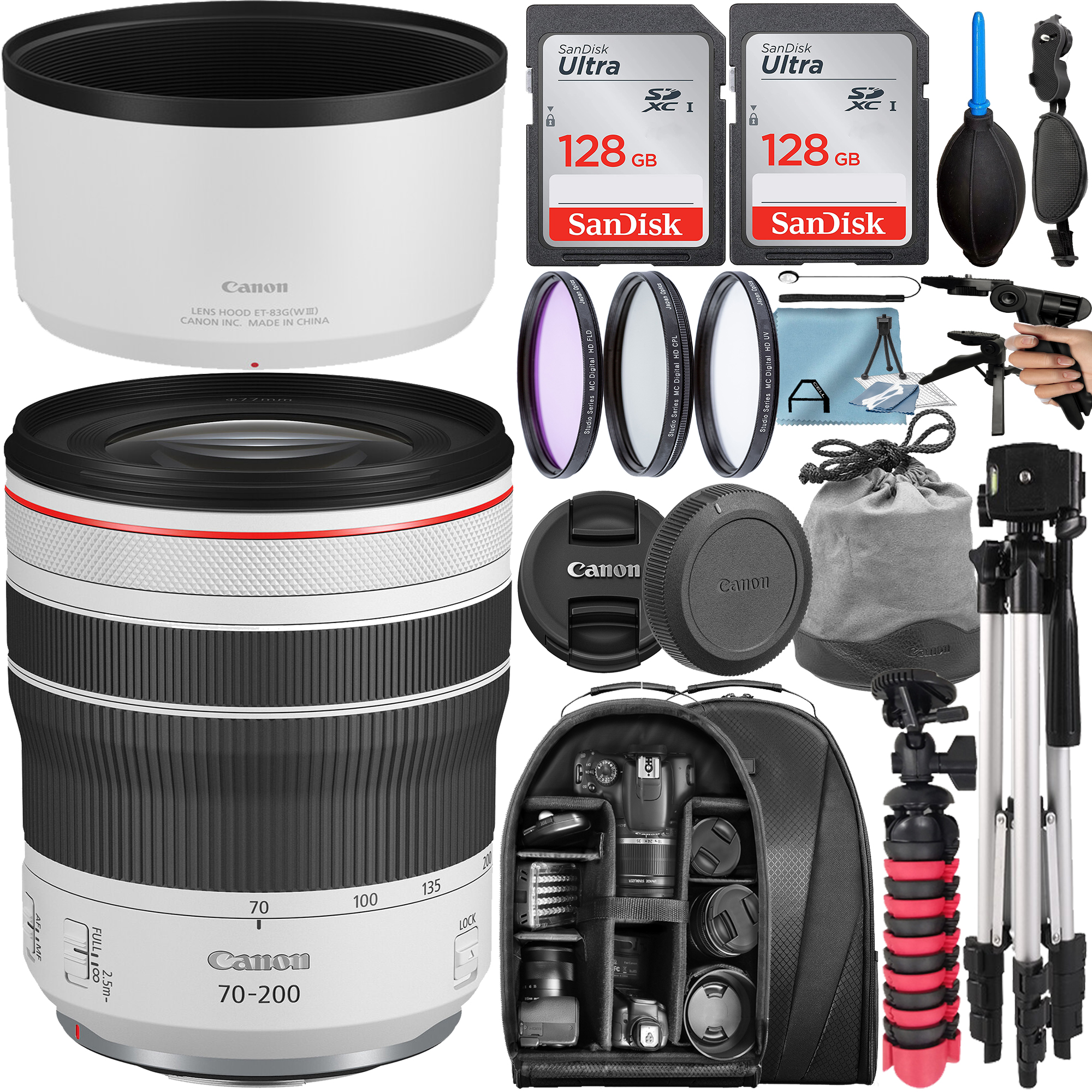 Canon RF 70-200mm F/4L IS USM Telephoto Zoom Lens with 2 Pack 128GB SanDisk Memory Card + Tripod + Backpack + A-Cell Accessory Bundle