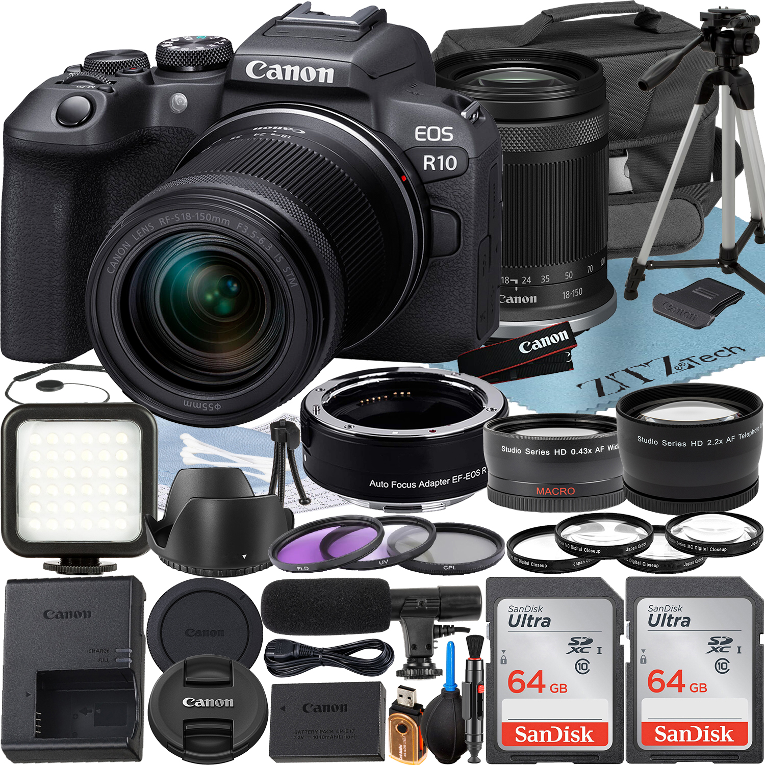 Canon EOS R10 Mirrorless Camera with RF-S 18-150mm Lens + Mount Adapter + 2 Pack SanDisk 64GB Memory Card + Case + ZeeTech Accessory