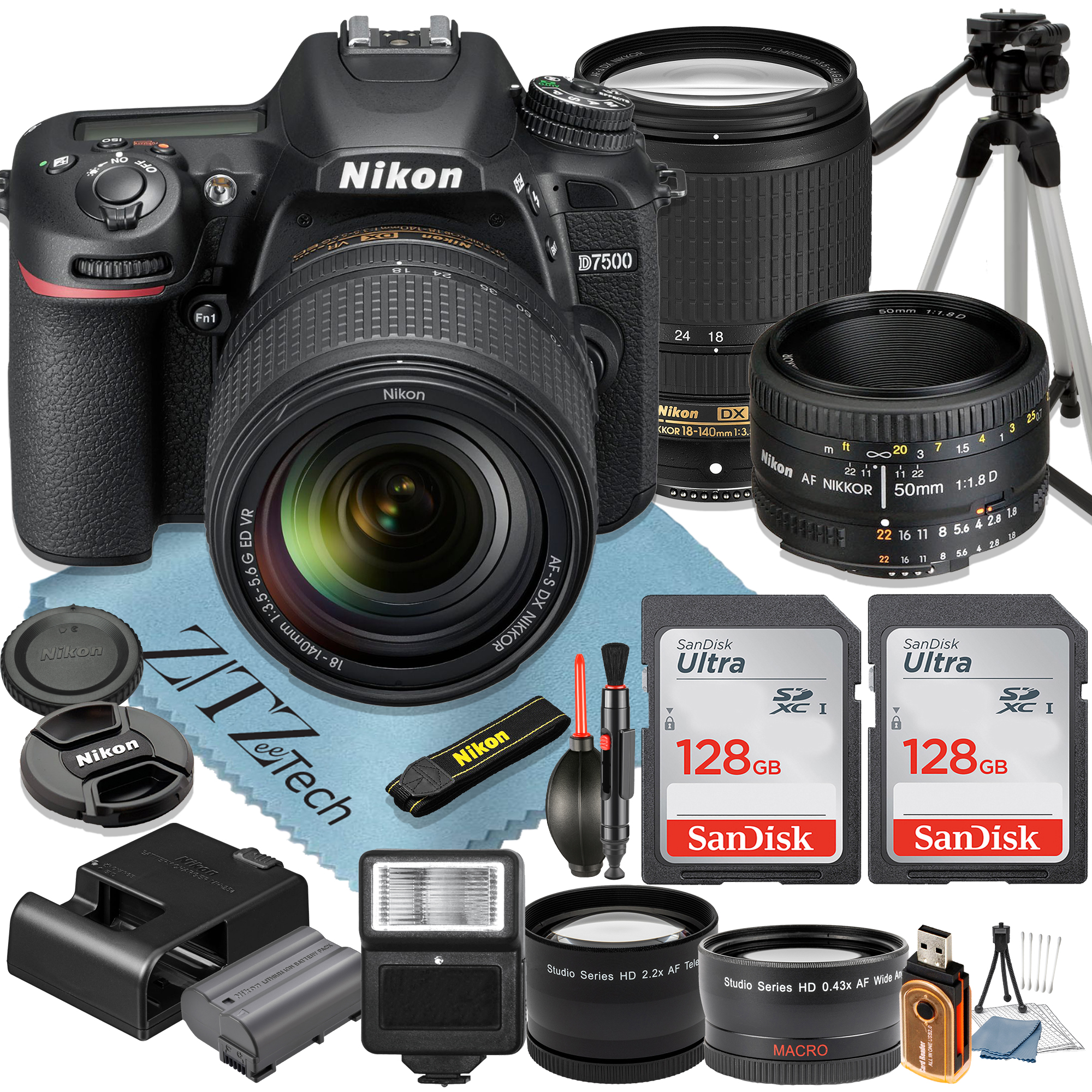 Nikon D7500 DSLR Camera with 18-140mm + AF FX 50mm Lens + 2 Pcs SanDisk 128GB Memory Cards + Tripod + Wideangle + Flash + ZeeTech Accessory Bundle