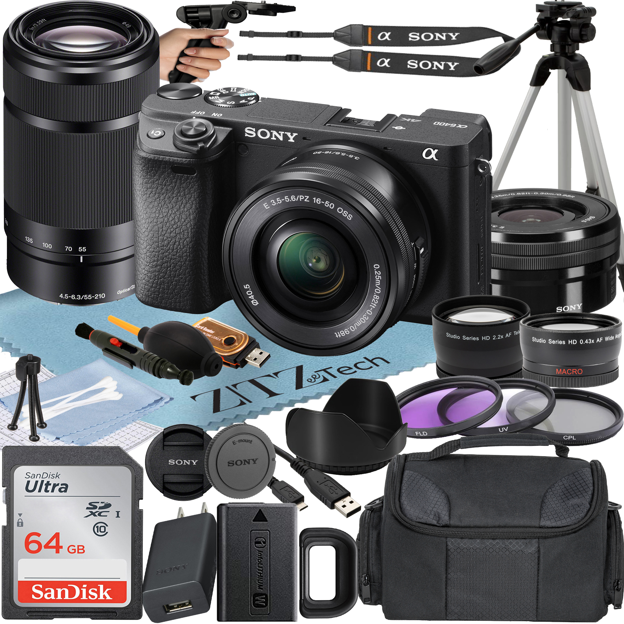 Sony Alpha a6400 Mirrorless Digital Camera with E PZ 16-50mm + E 55-210mm OSS Lens + SanDisk 64GB Card + Telephoto + ZeeTech Accessory Bundle