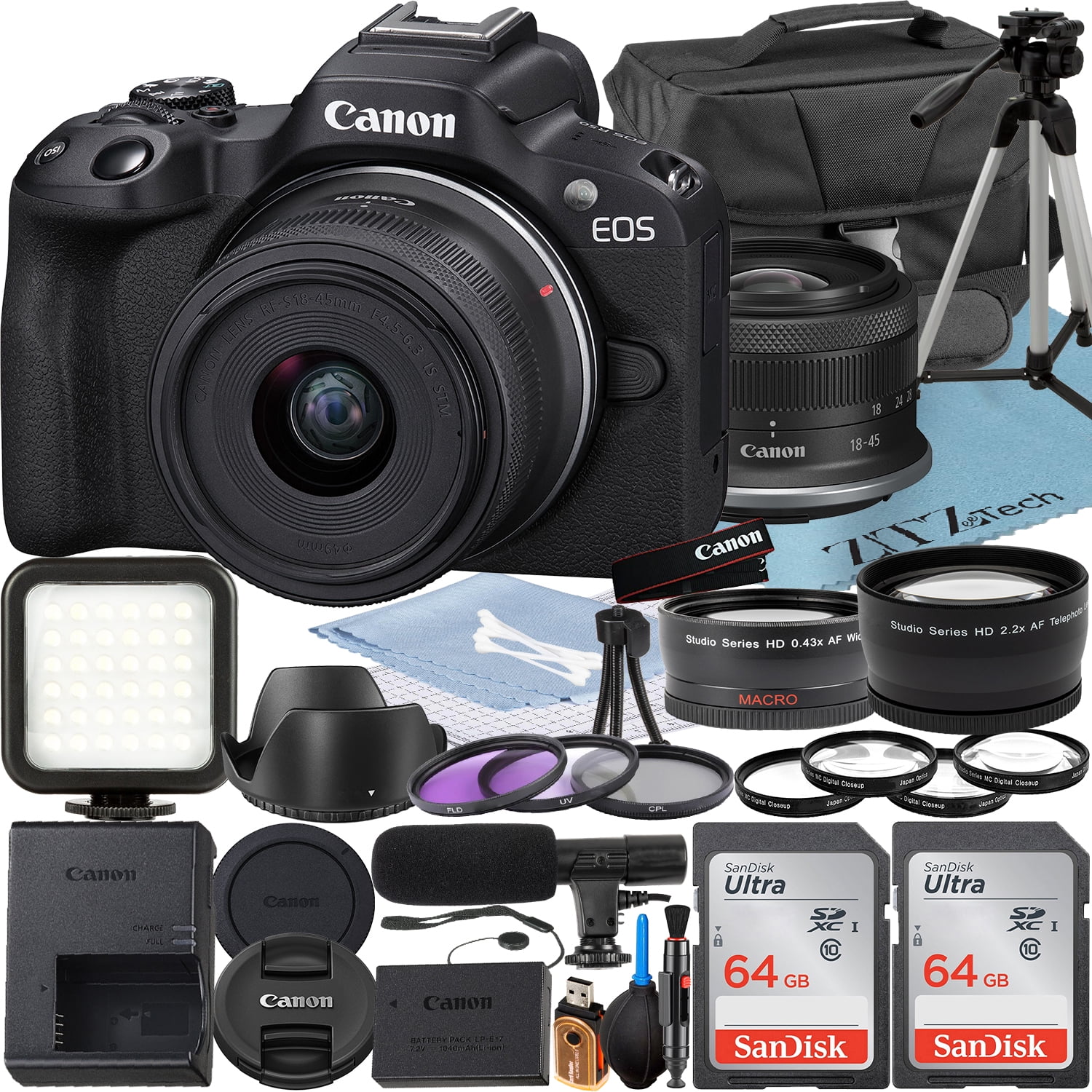 Canon EOS R50 Mirrorless Camera with RF-S 18-45mm Lens + Mount Adapter + 2 Pack SanDisk 64GB Memory Card + Case + ZeeTech Accessory