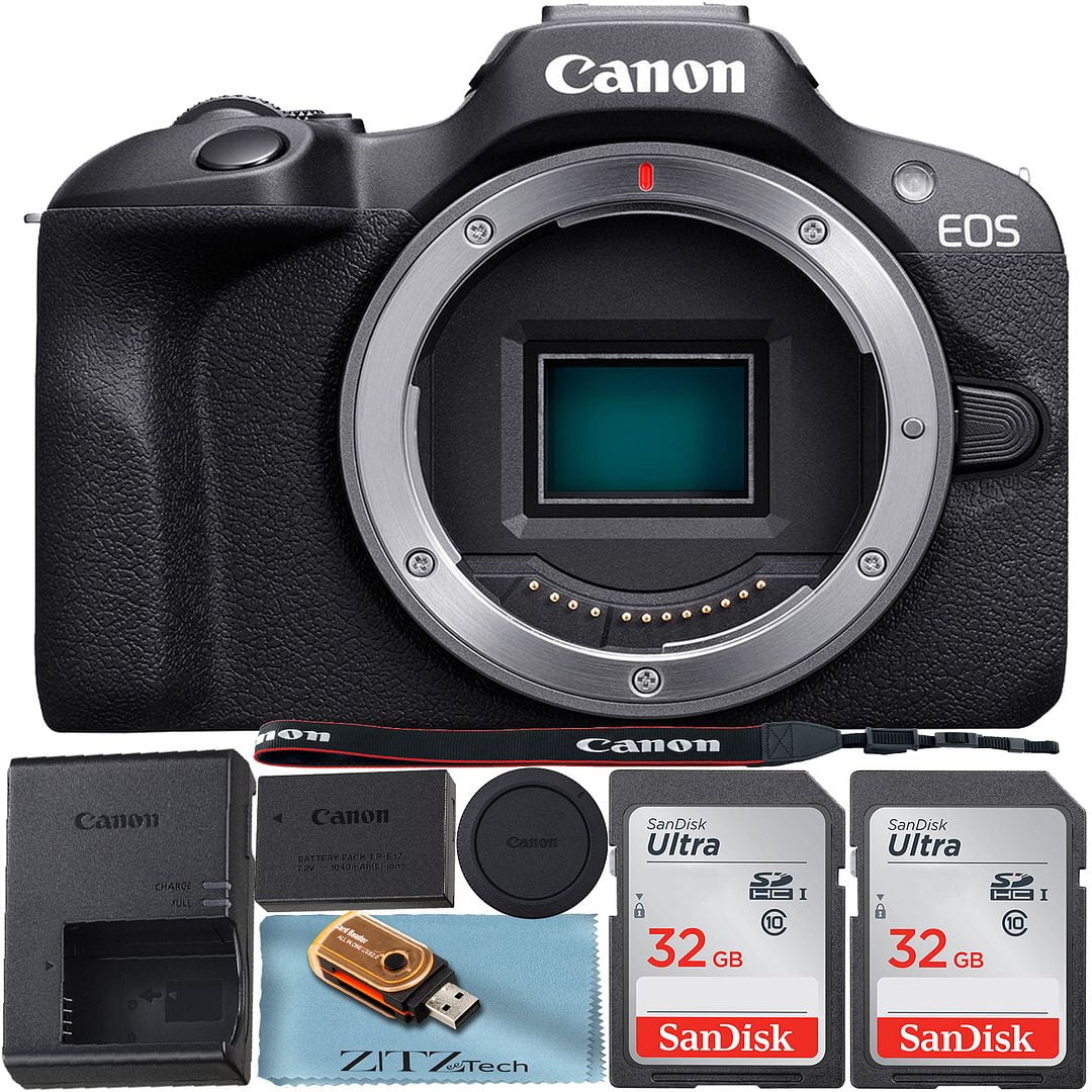 Canon EOS R100 Mirrorless Camera (Body Only) 4K Video Recording with 2 Pack SanDisk 32GB Memory Card + ZeeTech Accessory Bundle