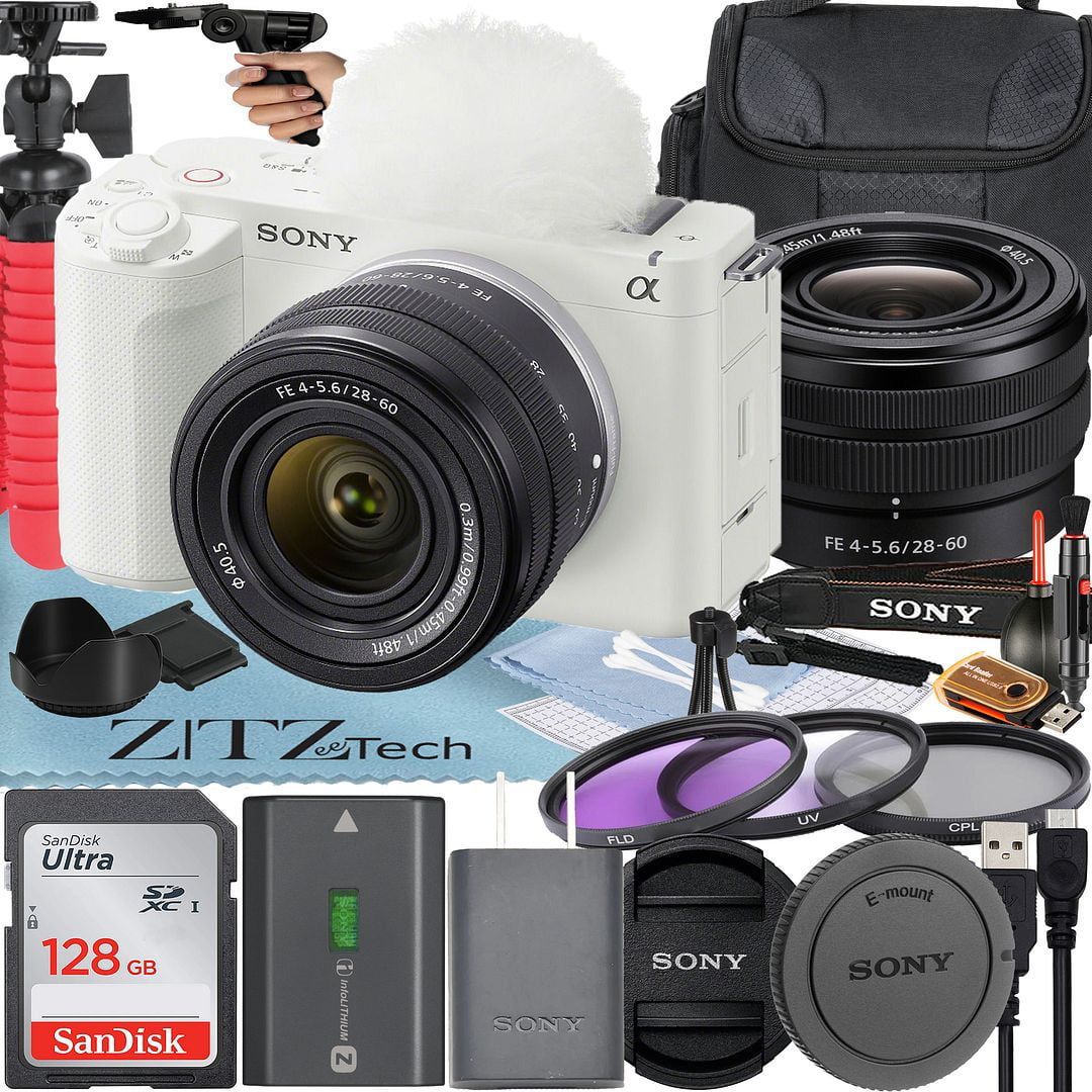 Sony ZV-E1 Mirrorless Camera (White) with FE 28-60mm Lens + SanDisk 128GB Card + Case + 3 Pieces Filter + ZeeTech Accessory Bundle