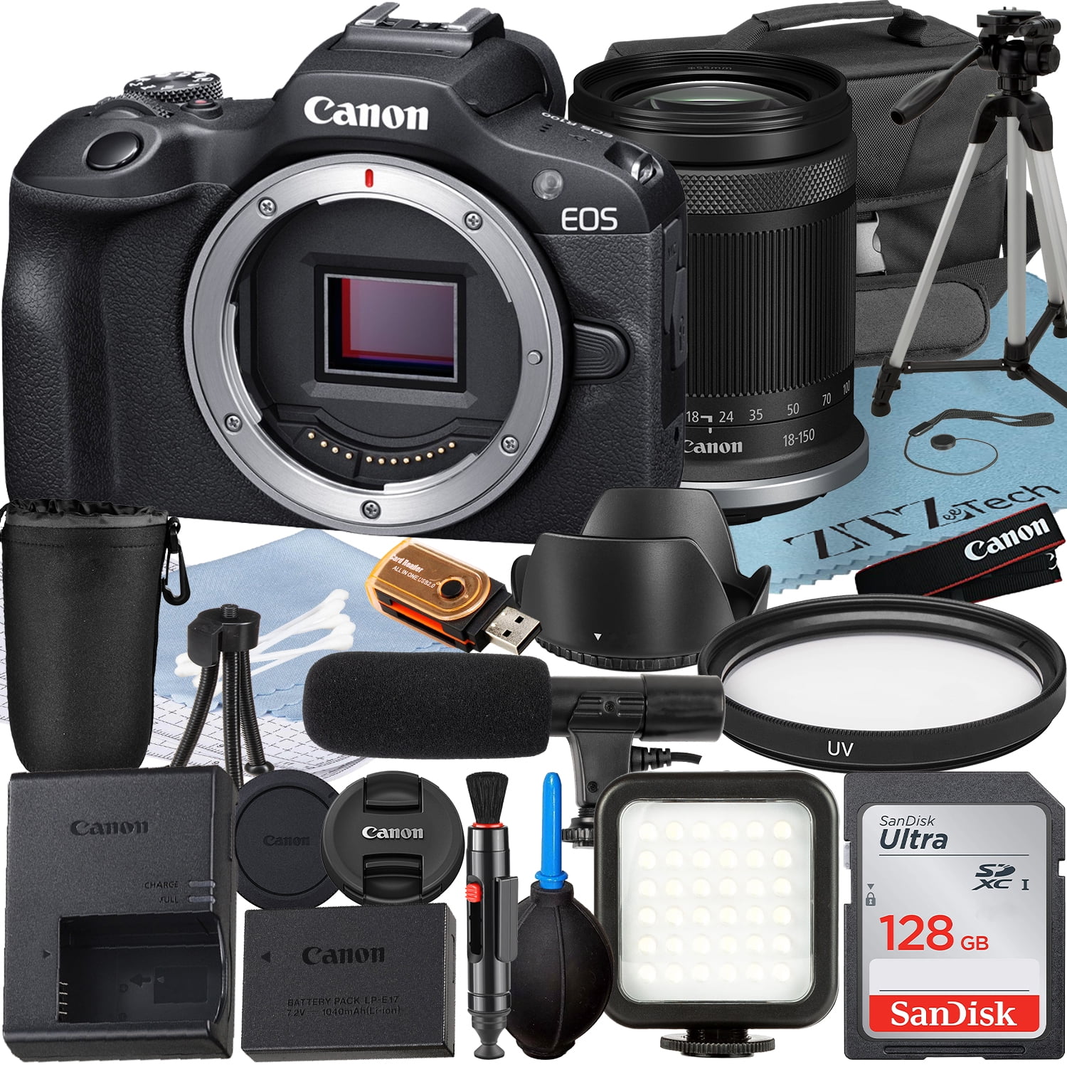 Canon EOS R100 Mirrorless Camera with RF-S 18-150mm Lens + SanDisk 128GB Memory Card + Case + LED Flash + ZeeTech Accessory Bundle