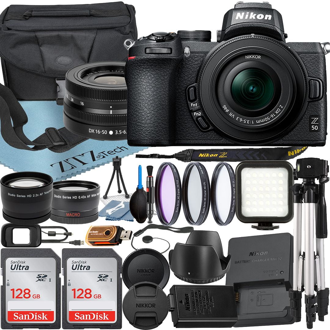 Nikon Z50 Mirrorless Camera with NIKKOR Z DX 16-50mm VR Zoom Lens + SanDisk 128GB Card + Case + Wideangle + Tripod + ZeeTech Accessory Bundle