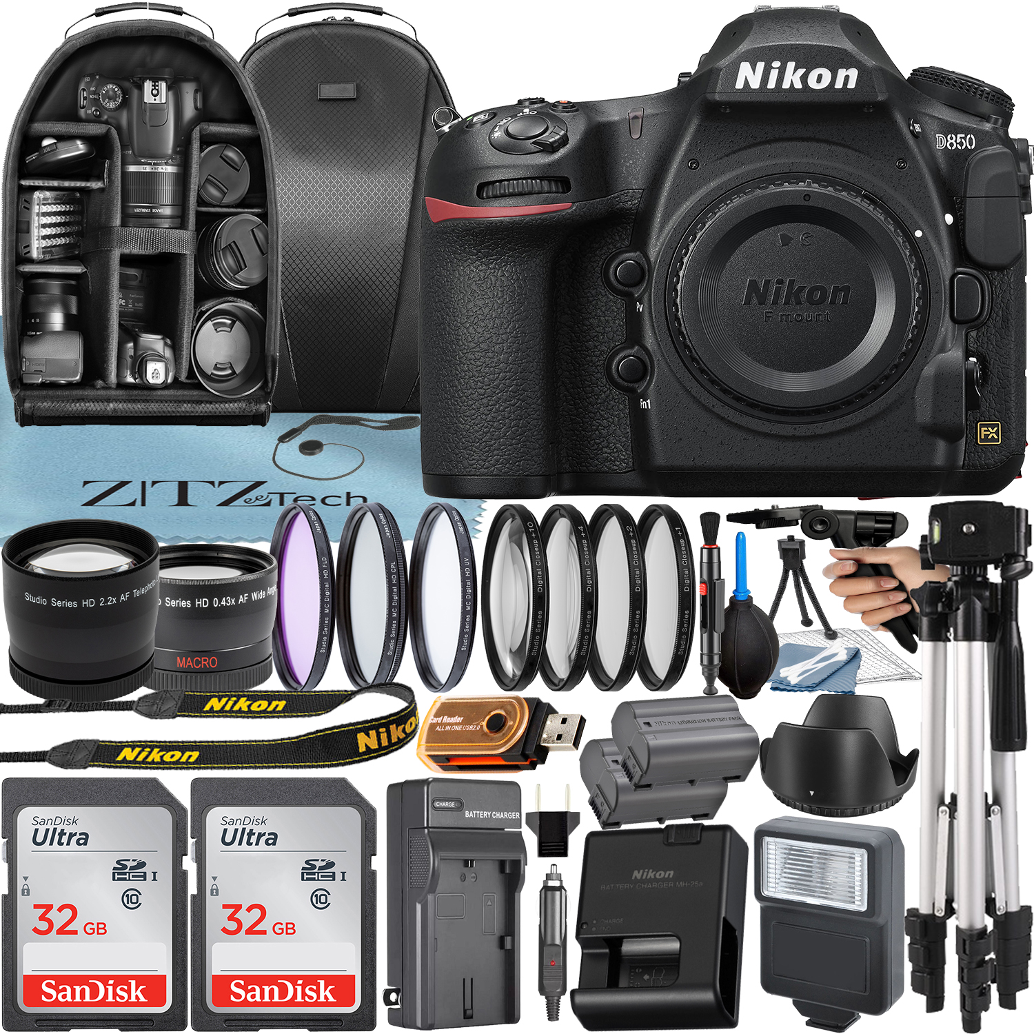 Nikon D850 DSLR Camera (Body Only) with 45.7MP CMOS Sensor + SanDisk 32GB Card + Case + Telephoto + Tripod + ZeeTech Accessory Bundle