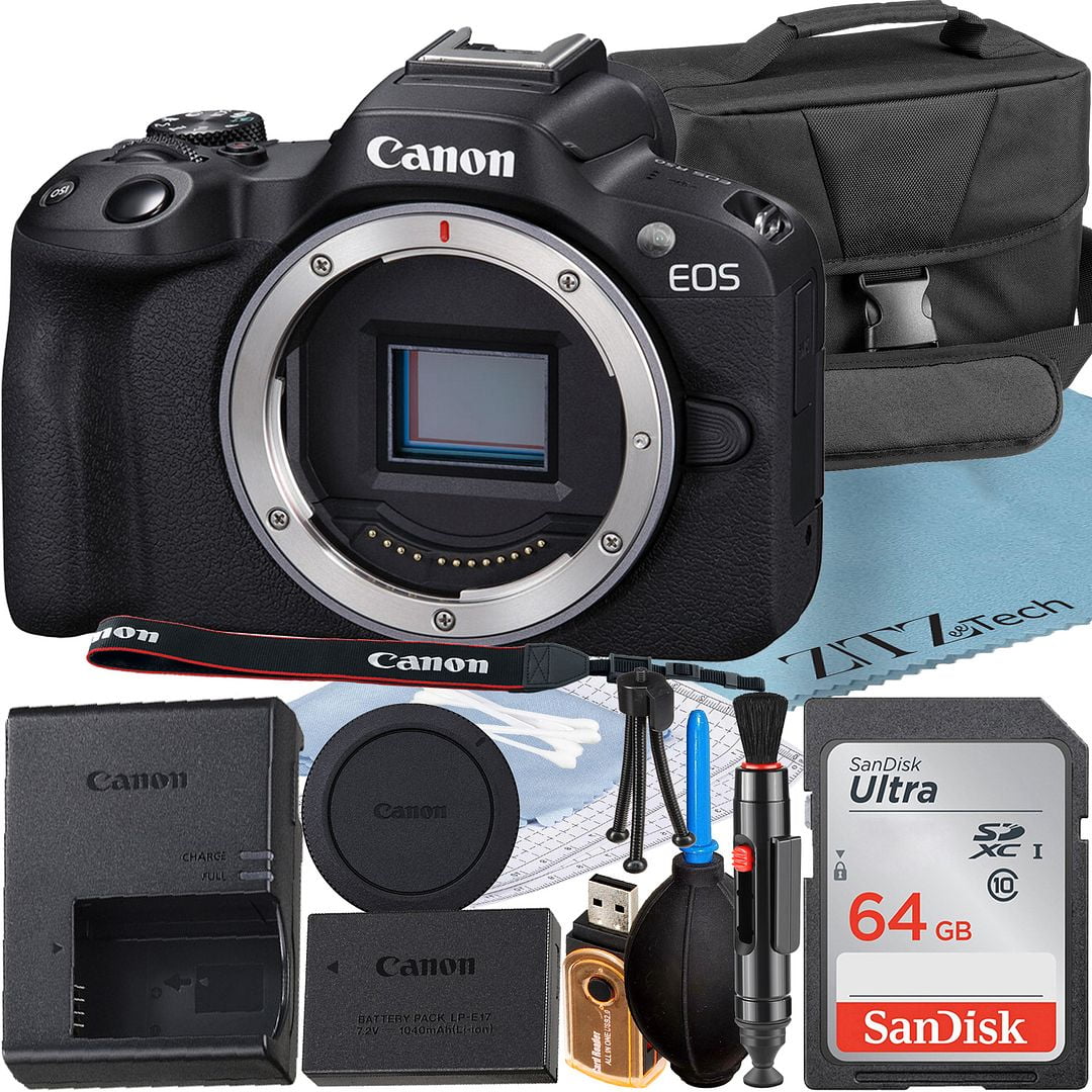 Canon EOS R50 Mirrorless Camera (Body) with 4K Video + SanDisk 64GB Memory Card + Case + ZeeTech Accessory Bundle