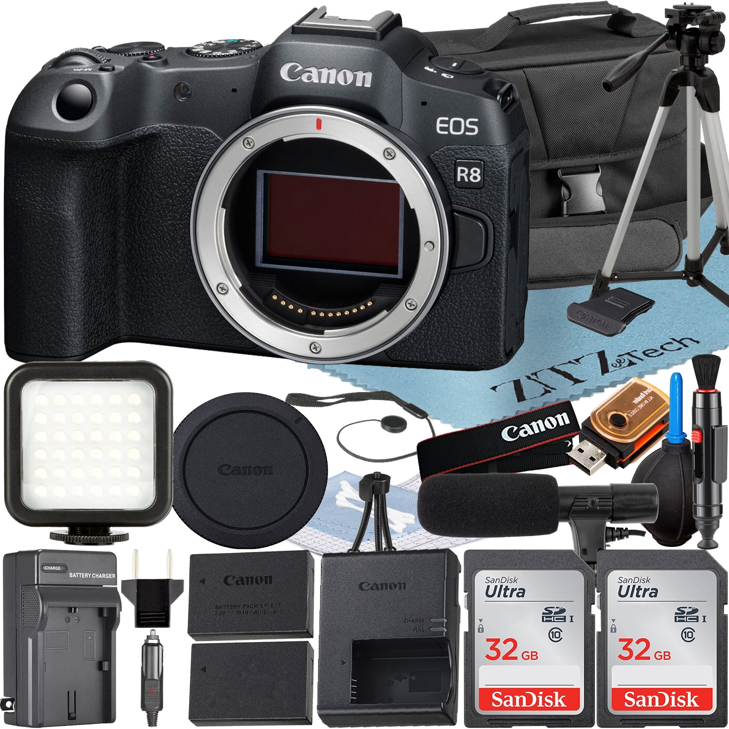 Canon EOS R8 Mirrorless Camera (Body) with 2 Pack SanDisk 32GB Memory Card + Case + ZeeTech Accessory Bundle