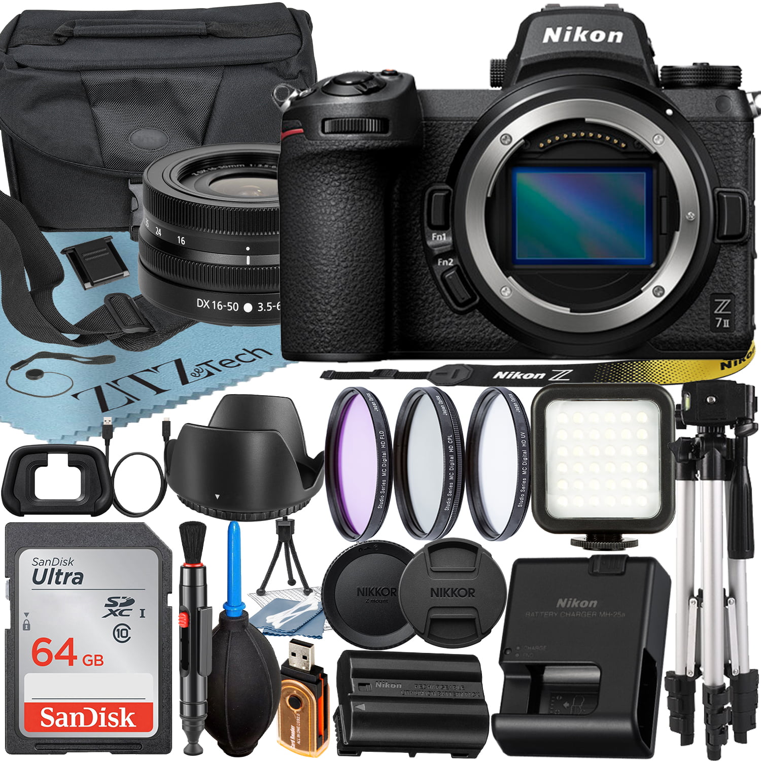 Nikon Z7 II Mirrorless Camera with NIKKOR Z DX 16-50mm VR Zoom Lens + SanDisk 64GB Card + Case + 3 Pieces Filter + Flash + ZeeTech Accessory Bundle