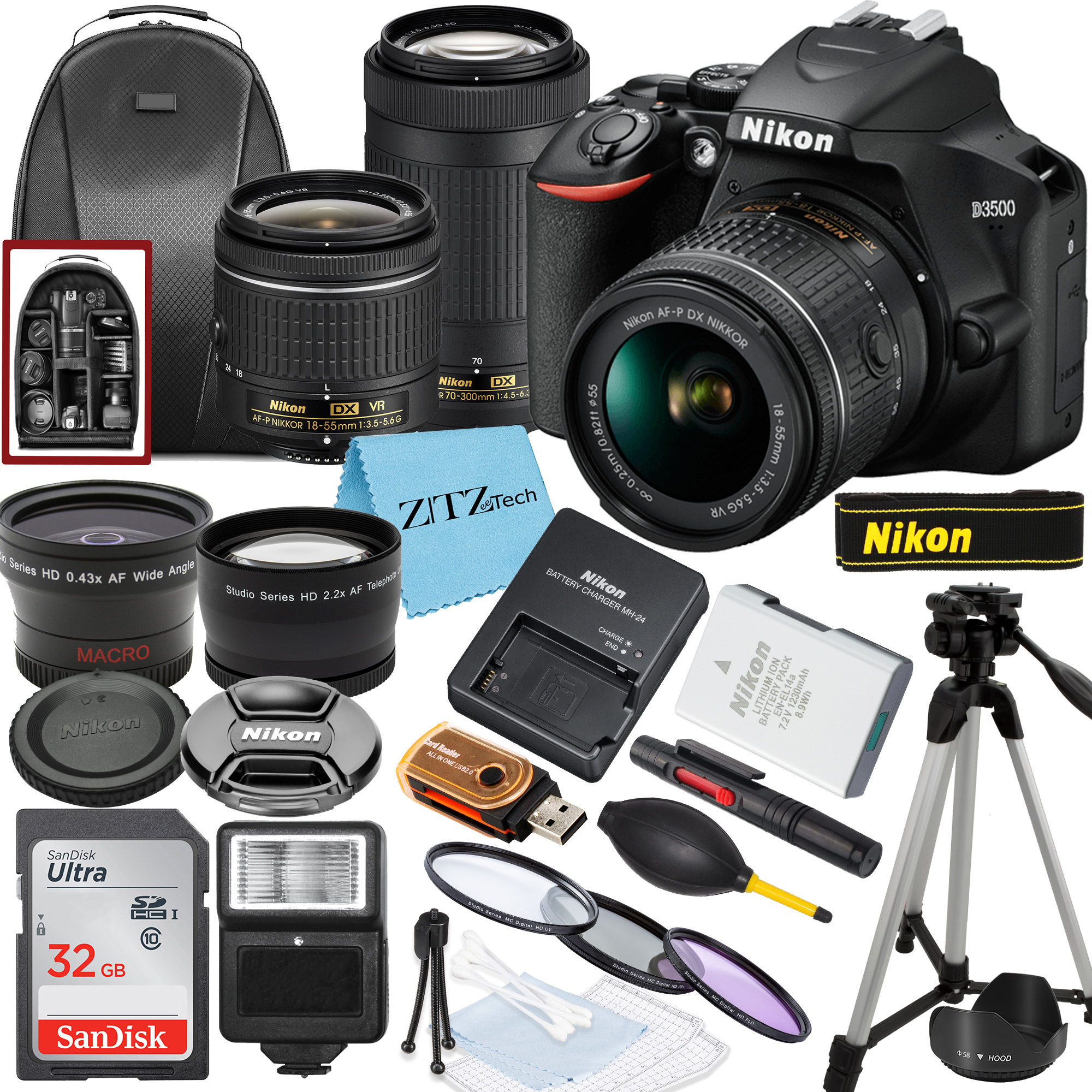 Nikon D3500 DSLR Camera with NIKKOR 18-55mm, 70-300mm Lens, SanDisk 32GB Memory, Tripod, Backpack and ZeeTech Bundle