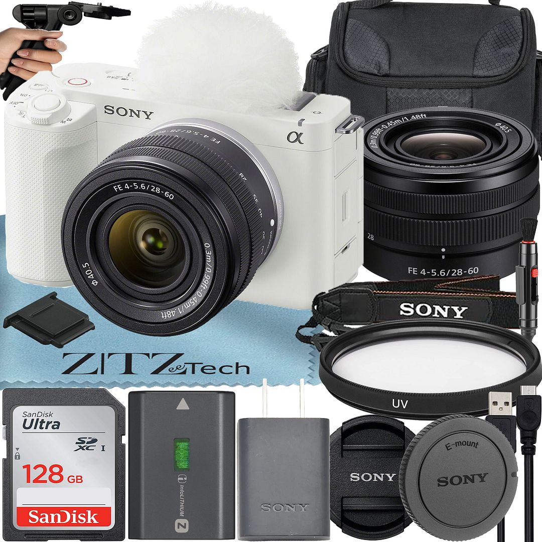 Sony ZV-E1 Mirrorless Camera (White) with FE 28-60mm Lens + SanDisk 128GB Card + Case + UV Filter + ZeeTech Accessory Bundle