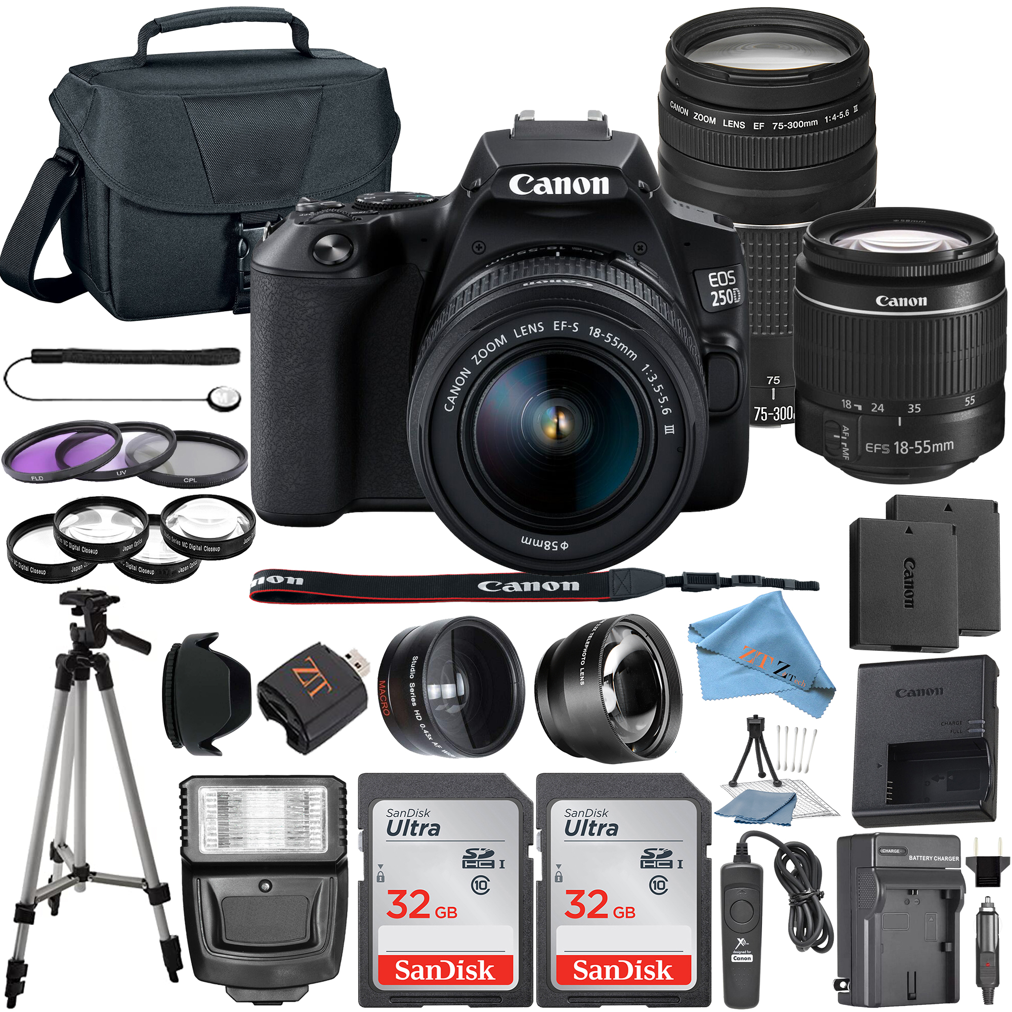 Canon EOS 250D / Rebel SL3 DSLR Camera with 18-55mm + 75-300mm Lens + 2 Pcs SanDisk 32GB Memory + Tripod + Case + ZeeTech Kit