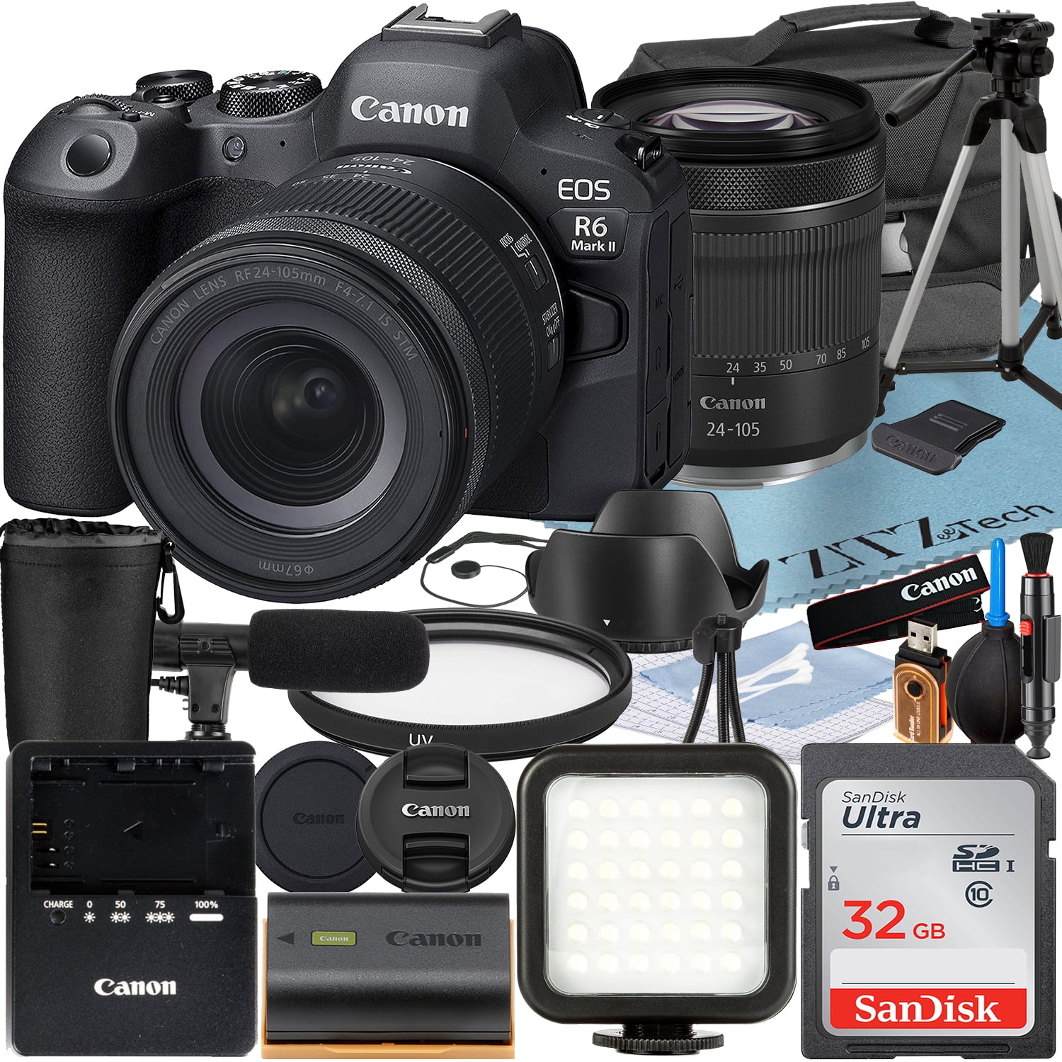 Canon EOS R6 Mark II Mirrorless Camera with RF 24-105mm Lens + SanDisk 32GB Memory Card + Case + LED Flash + ZeeTech Accessory Bundle