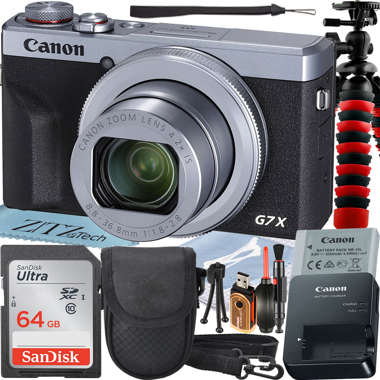 Canon PowerShot G7 X Mark III Digital Camera (Silver) with 4.2x Optical Zoom Lens + SanDisk 64GB Memory Card + Case + ZeeTech Advanced Bundle