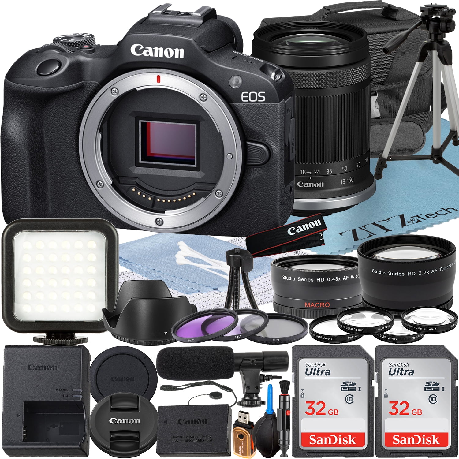 Canon EOS R100 Mirrorless Camera with RF-S 18-150mm Lens + 2 Pack SanDisk 32GB Memory Card + Case + ZeeTech Accessory